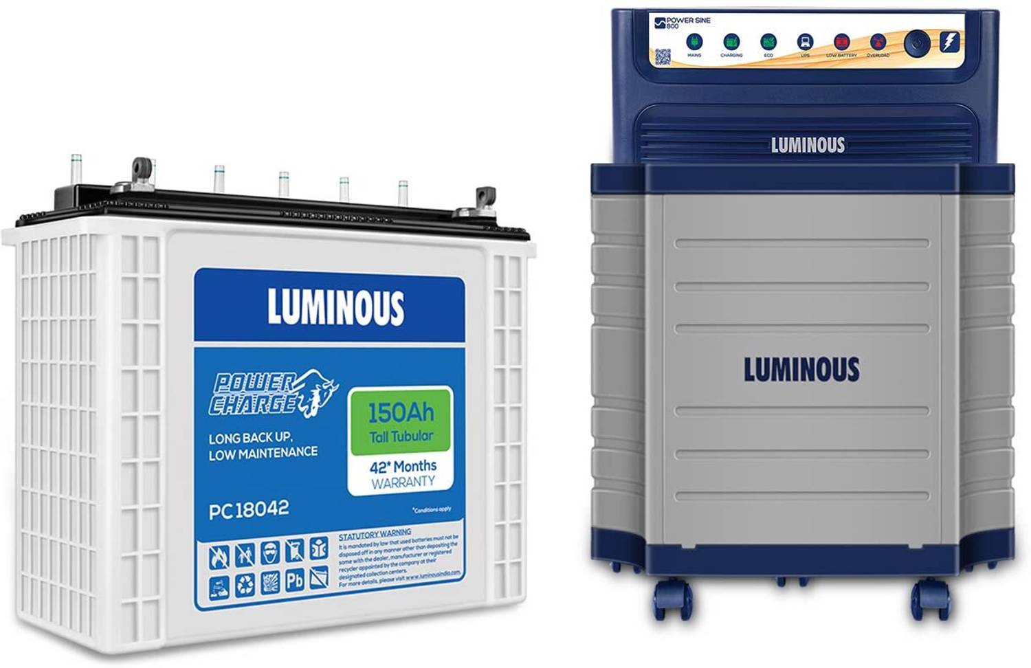LUMINOUS Powersine 800 Pure Sine Wave Inverter, PC 18042 150 Ah Battery, Trolley Combo with 42 Months Warranty Pure Sine Wave Inverter