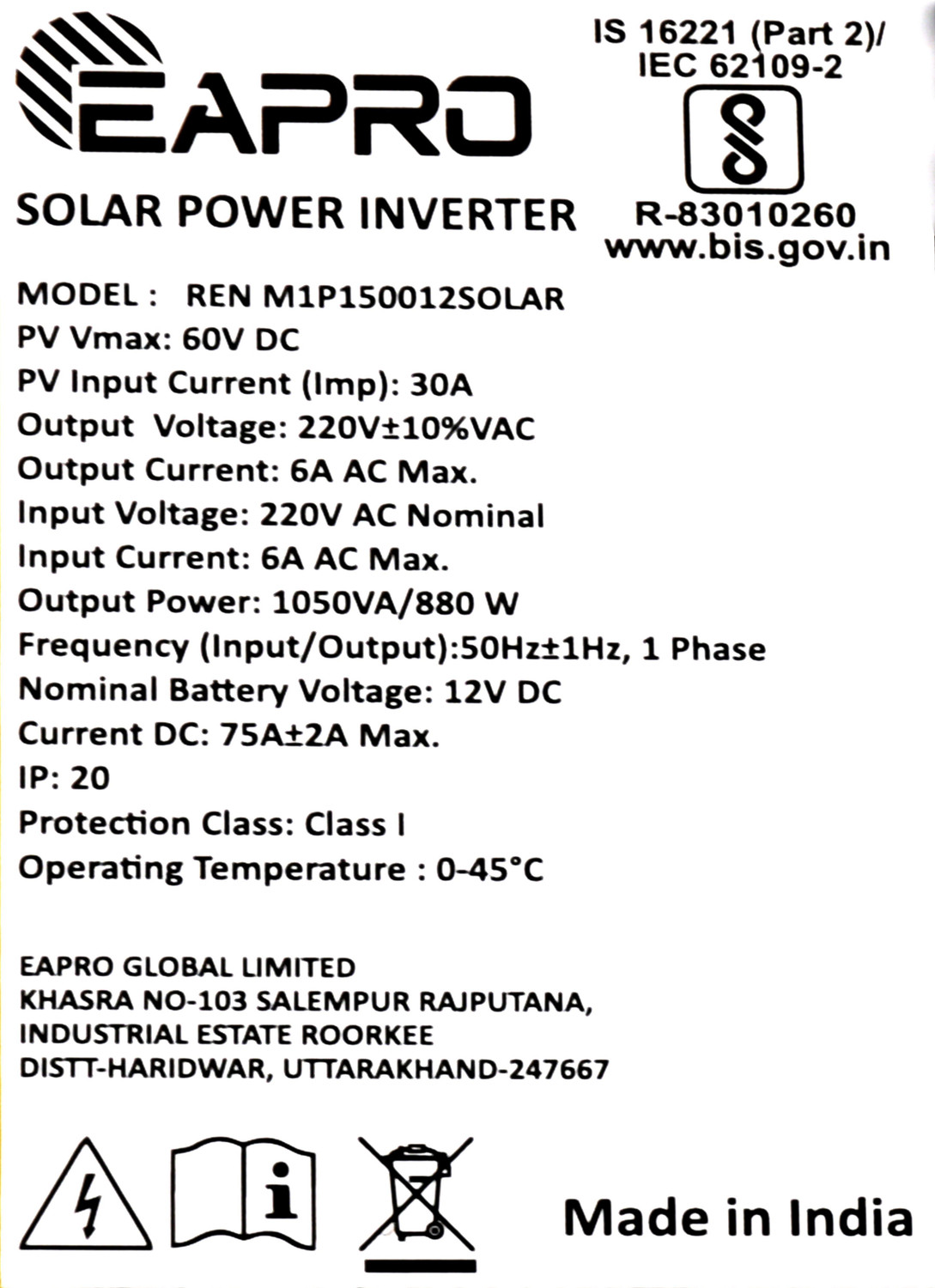 Image of eapro 1500 AI MPPT, 12V Single Battery Support, 1200W Solar Panel Support REN M1P150012SOLAR with 30 Months Warranty Solar Compatible Pure Sine Wave Inverter