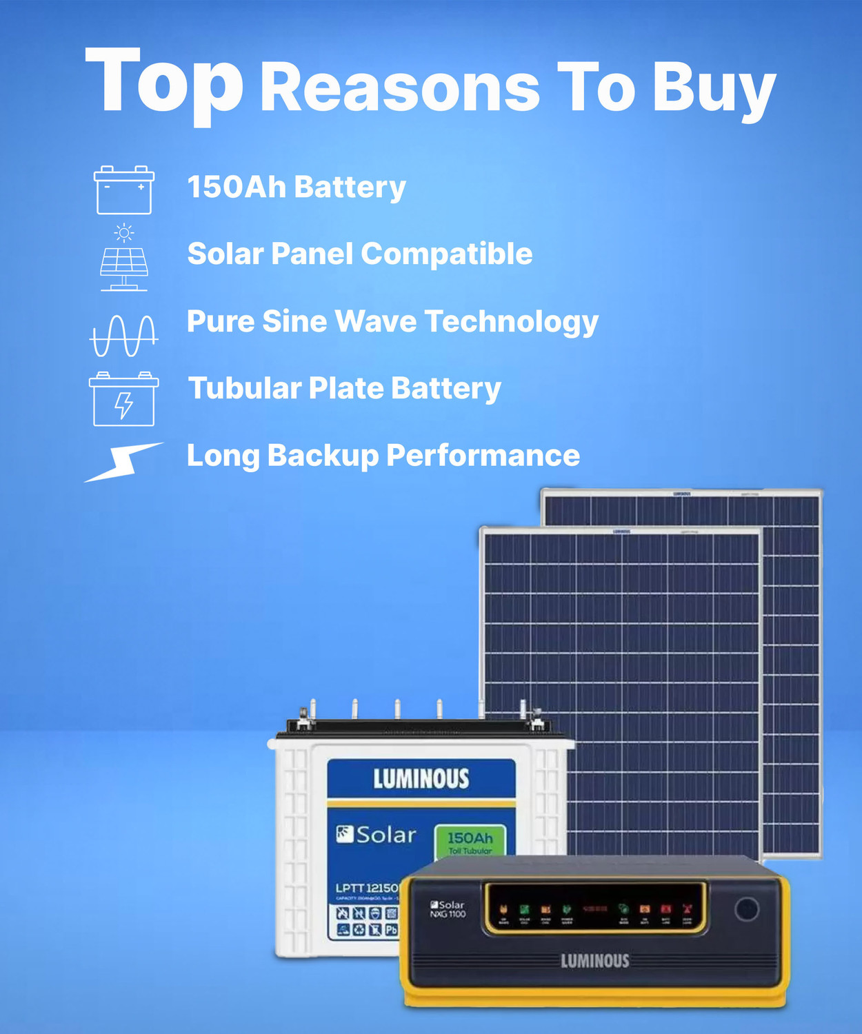 Image of LUMINOUS LPTT12150L and NXG 850 And 170w Solar Panel LPTT12150L and NXG 850 and 170w Solar Panel with 5 Year Warranty Solar Compatible Pure Sine Wave Inverter
