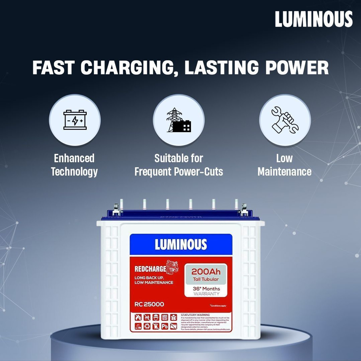 Image of LUMINOUS with iCon 1100 for Home & Office RC 25000 Tall Tubular Battery with 24 Months Warranty Pure Sine Wave Inverter