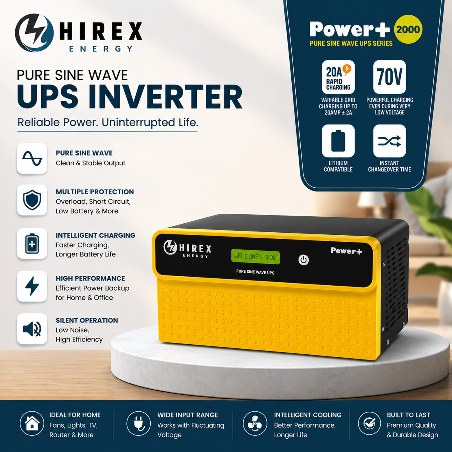 Image of Hirex Pure Sine Wave Home UPS Inverter | 12V | Smart Digital Display | High Efficiency Power Backup for Home & Office | HRX-1150VA-12V with 1 Year Warranty Pure Sine Wave Inverter