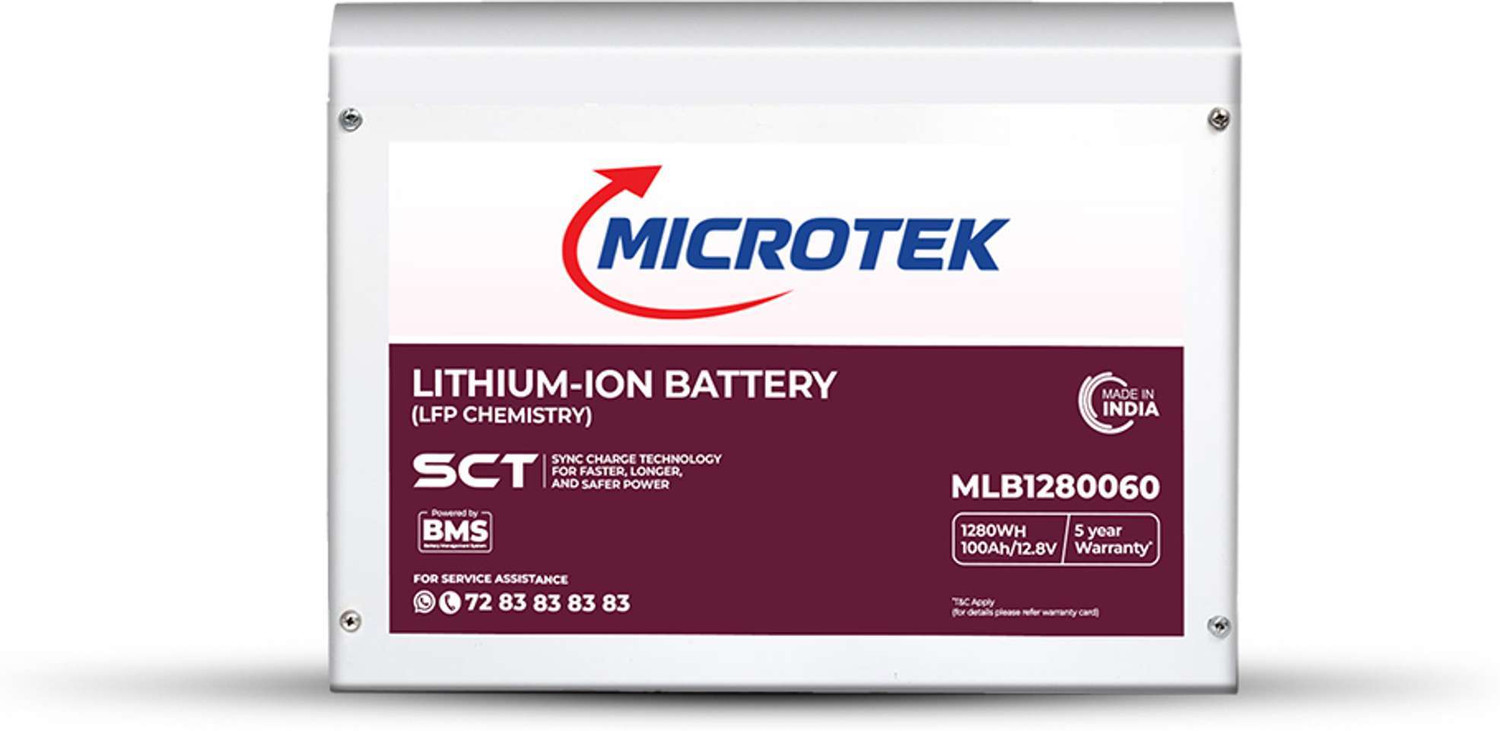 Image of Microtek MLB1280060 (12.8V /100Ah, 1280Wh) | Backup > 150 AH Lead Acid Battery | 5-Year Full Warranty with 60 Months Warranty Solar Compatible Lithium Ion (500 VA)