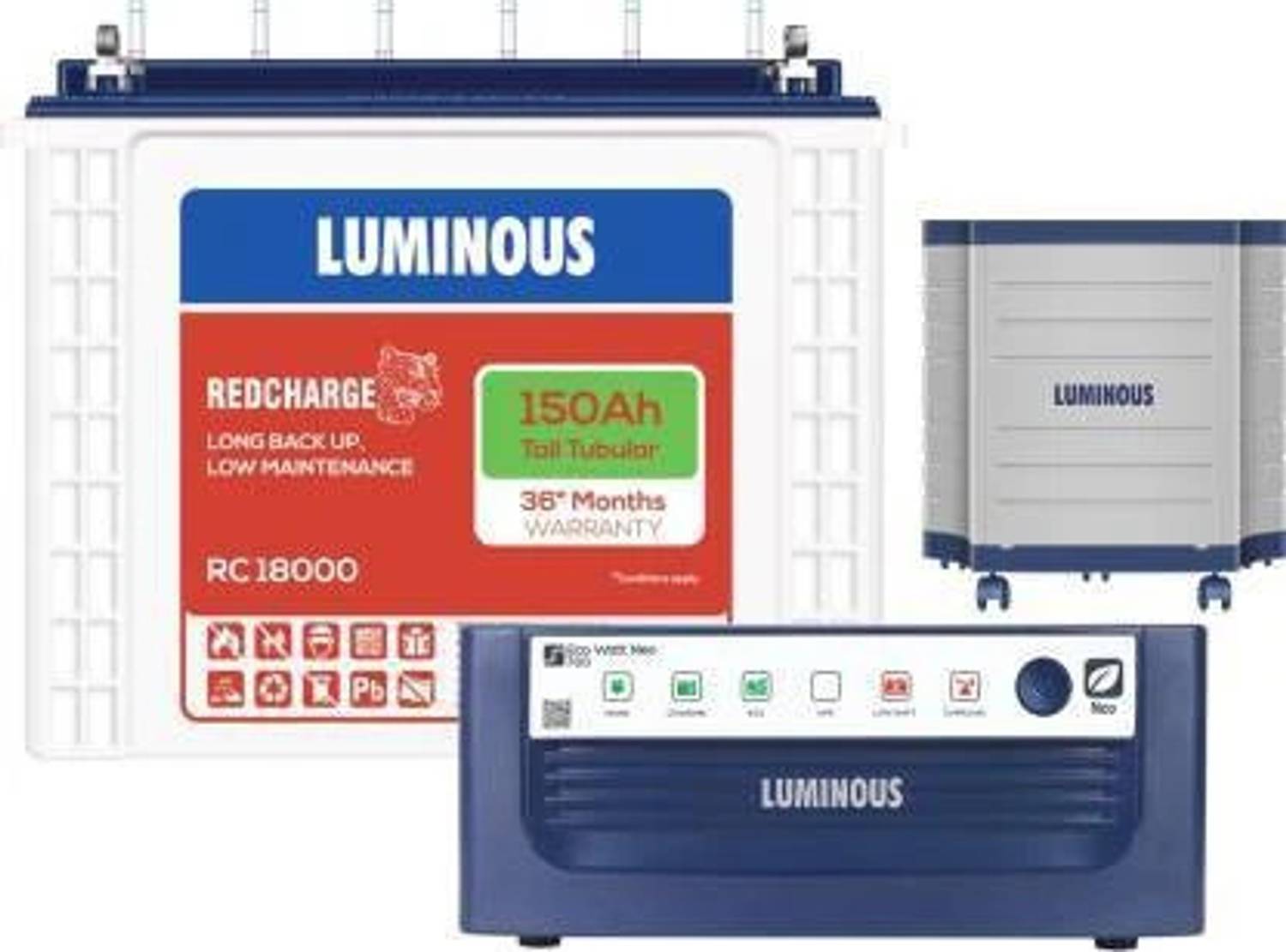 LUMINOUS rc18000 Eco Watt Neo 700 Inverter With TX100L Trolley With Red Charge 150Ah Tall with 36 Months Warranty Square Wave Inverter