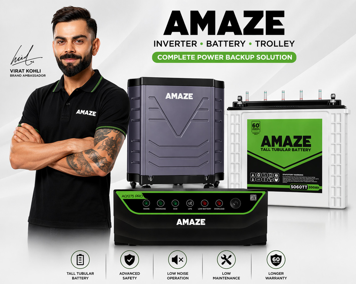 Image of AMAZE AQ1275+ Inverter With 5060TT 200Ah Battery and Trolley Battery Combo- AQ 1275 PRO Inverter with 5060TT 200Ah battery with 3 Year Warranty Square Wave Inverter