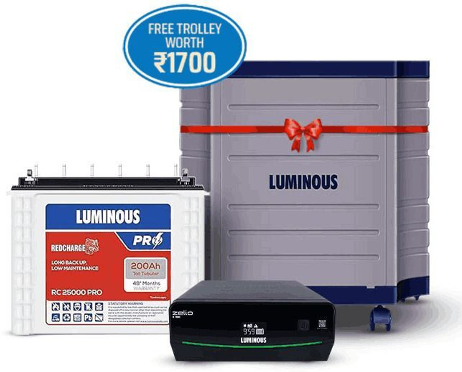 Image of LUMINOUS S 1150 Inverter & RC 25000 Pro 200Ah Battery & Trolly For Home And Office Zelio S 1150 & RC 25000 Pro with 48 Months Warranty Pure Sine Wave Inverter