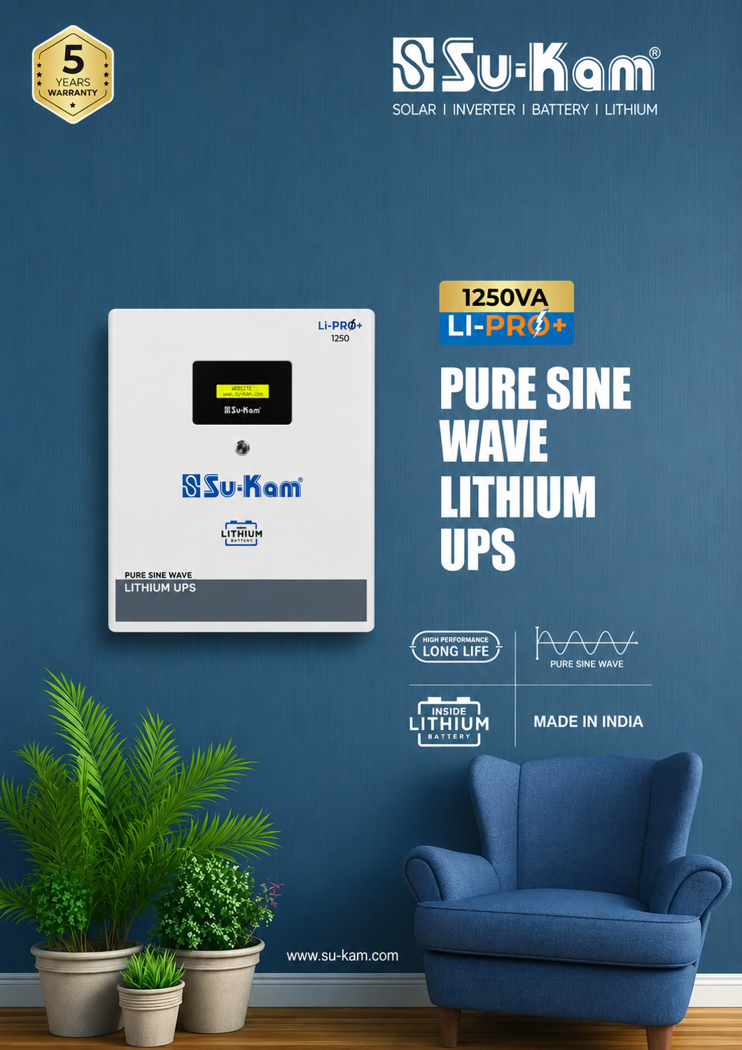 Image of Su-Kam with 12 Years Battery Life 1250VA Inverter & 1.28KW Lithium Ion Battery LI-PRO+ 1250 WM All In One Lithium Inverter Battery LF 1.28KW 12V with 60 Months Warranty Pure Sine Wave Inverter