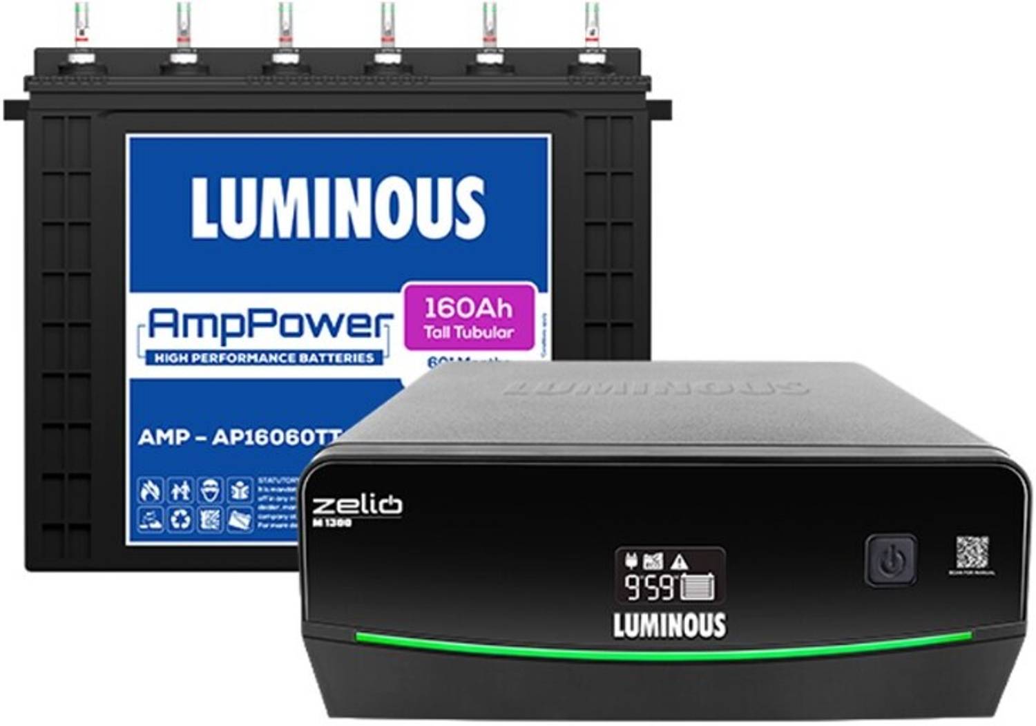 LUMINOUS Zelio M1300 1100VA Inverter + AP16060TT 160Ah Tall Tubular Zelio M 1300+AP16060TT with 3 Year Warranty Pure Sine Wave Inverter