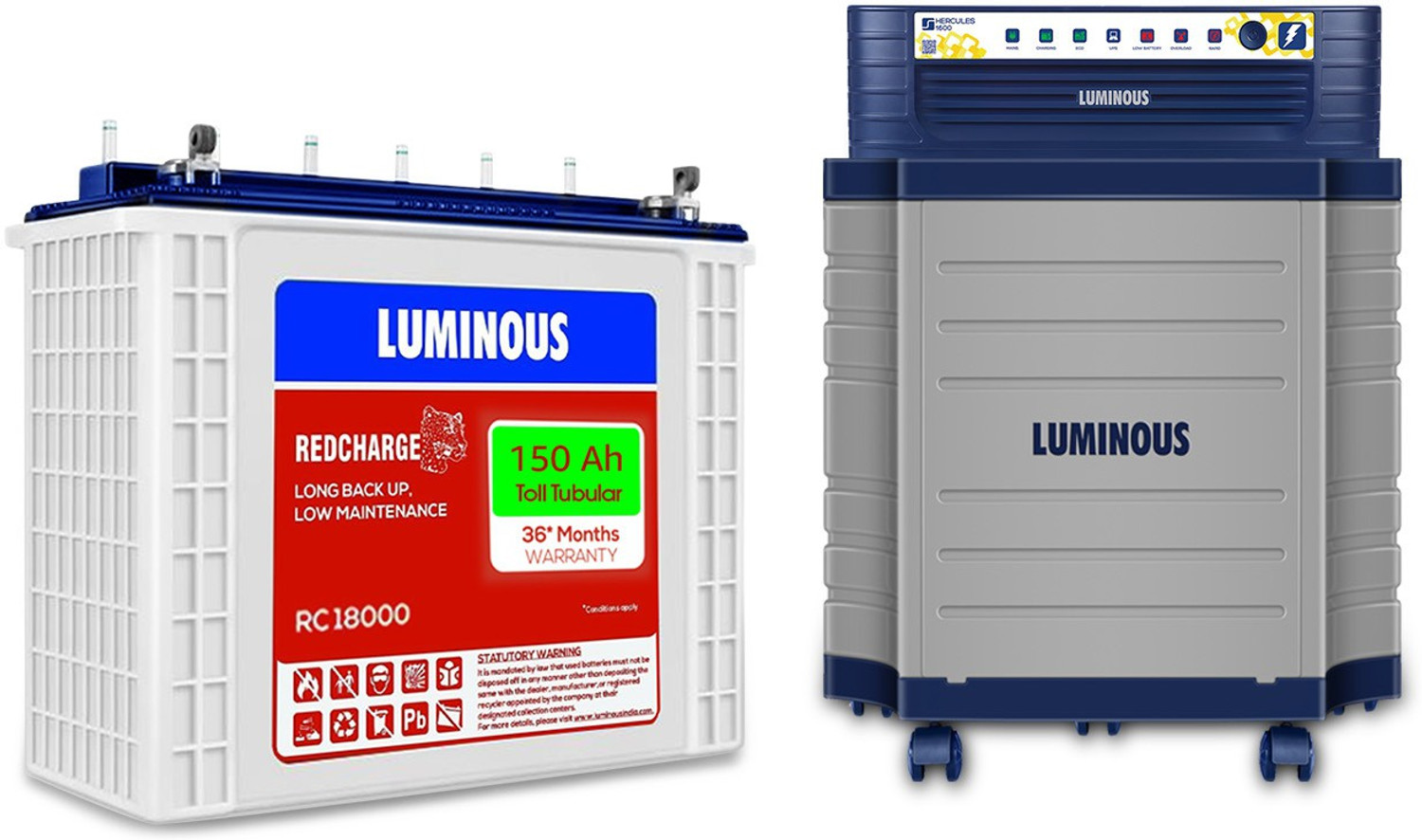 Image of LUMINOUS Hercules 1600 Square Wave Inverter, RC 18000 150Ah Battery with Trolley with 24 Months Warranty Square Wave Inverter