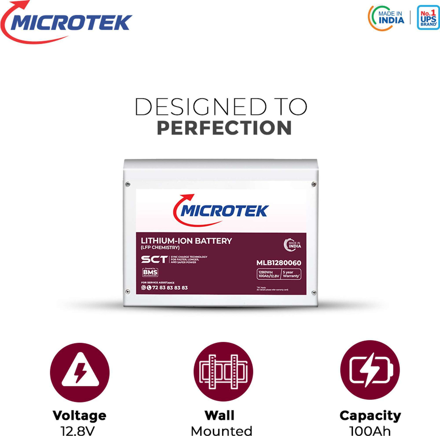 Image of Microtek MLB1280060 (12.8V /100Ah, 1280Wh) | Backup > 150 AH Lead Acid Battery | 5-Year Full Warranty with 60 Months Warranty Solar Compatible Lithium Ion (500 VA)