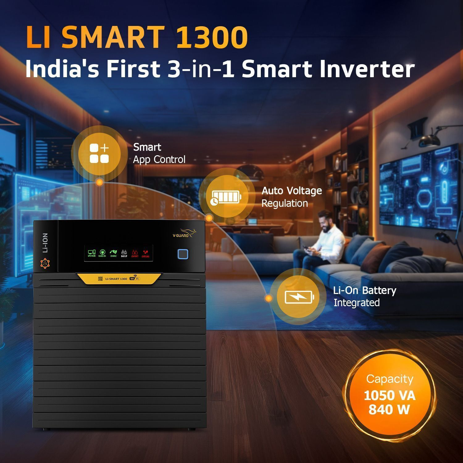 Image of V-Guard Li-Smart 1300 Inverter with In-Built Li-ion Battery & App Control Li-Smart with 5 Year Warranty Pure Sine Wave Inverter