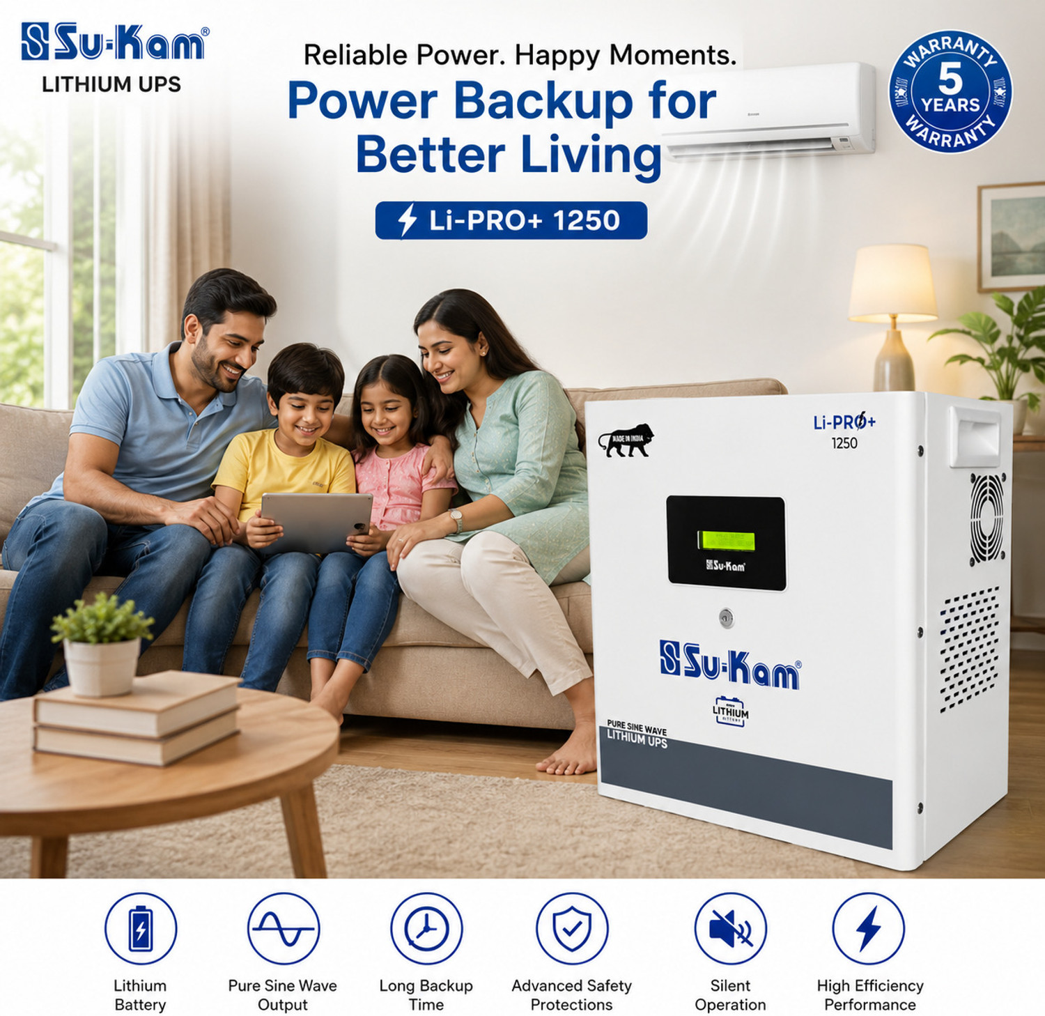 Image of Su-Kam with 12 Years Battery Life 1250VA Inverter & 1.28KW Lithium Ion Battery LI-PRO+ 1250 WM All In One Lithium Inverter Battery LF 1.28KW 12V with 60 Months Warranty Pure Sine Wave Inverter