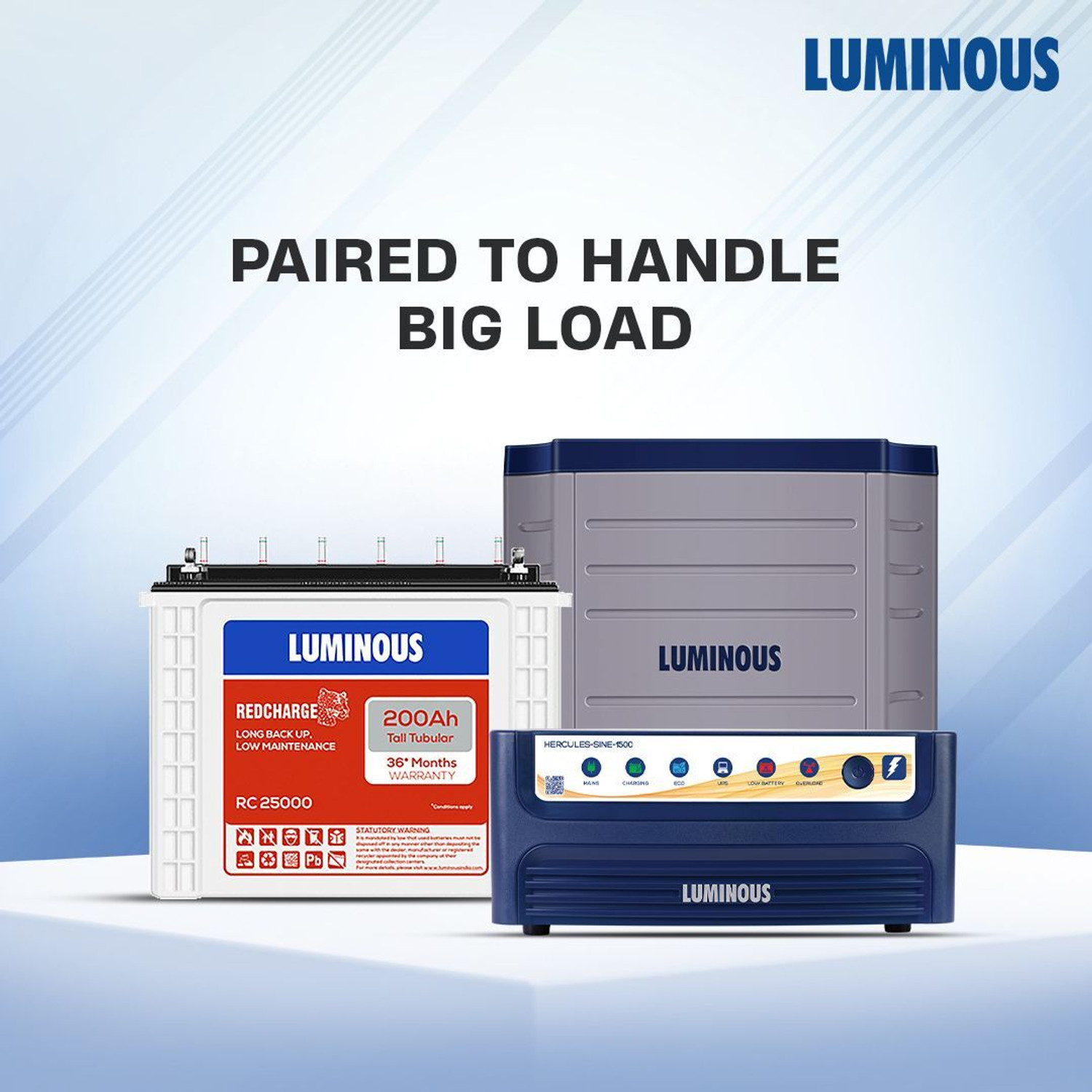 Image of LUMINOUS Hercules 1500 Pure Sine Wave Inverter, RC 25000 200Ah Battery with Trolley with 24 Months Warranty Pure Sine Wave Inverter