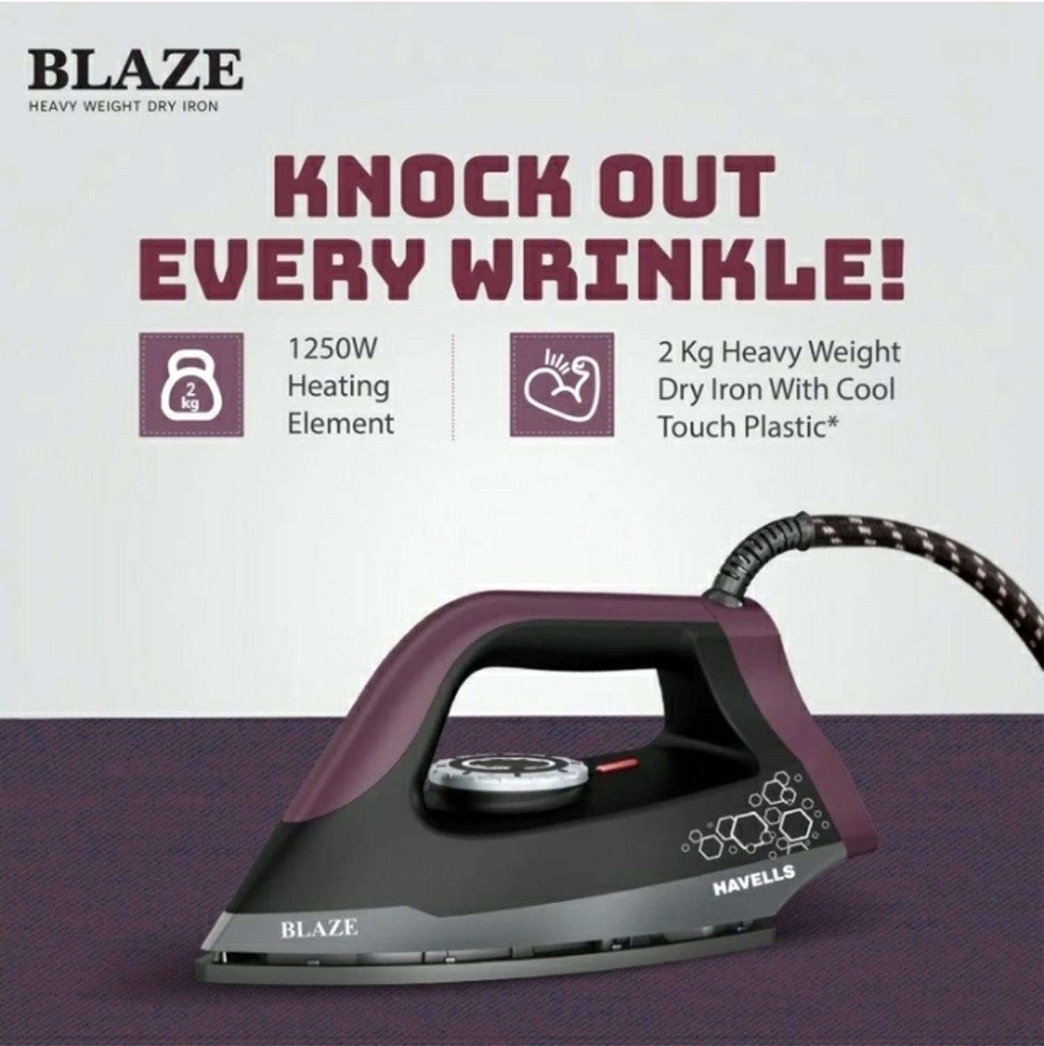 Image of HAVELLS by HAVELLS BLAZE HEAVY WEIGHT FLAT-TYPE HEATINGH ELEMENT , AERODYNAMIC DESIGN 1250 W Dry Iron