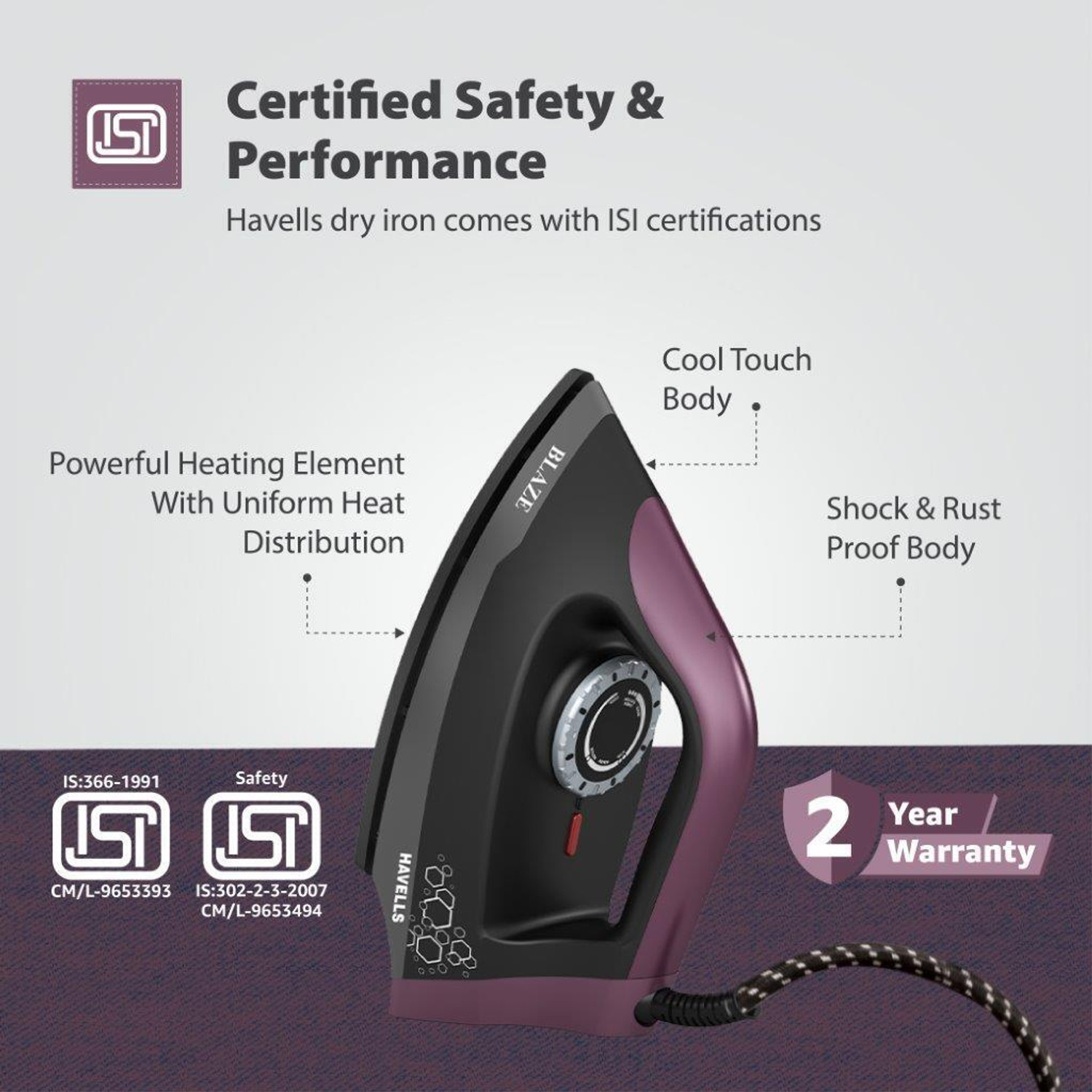 Image of HAVELLS BLAZE DRY IRON 2KG HEAVY 1250 W Dry Iron