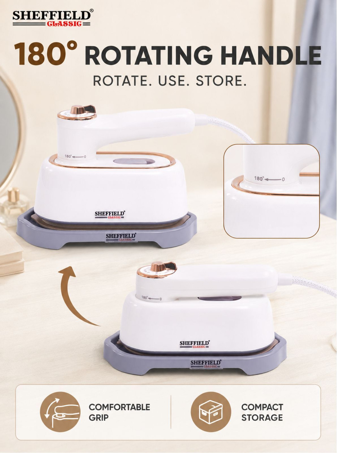 Image of Sheffield Classic 2 in 1 Mini Steam Iron For Clothes Horizontal & Vertical Use | 180 Rotating 1000 W Garment Steamer