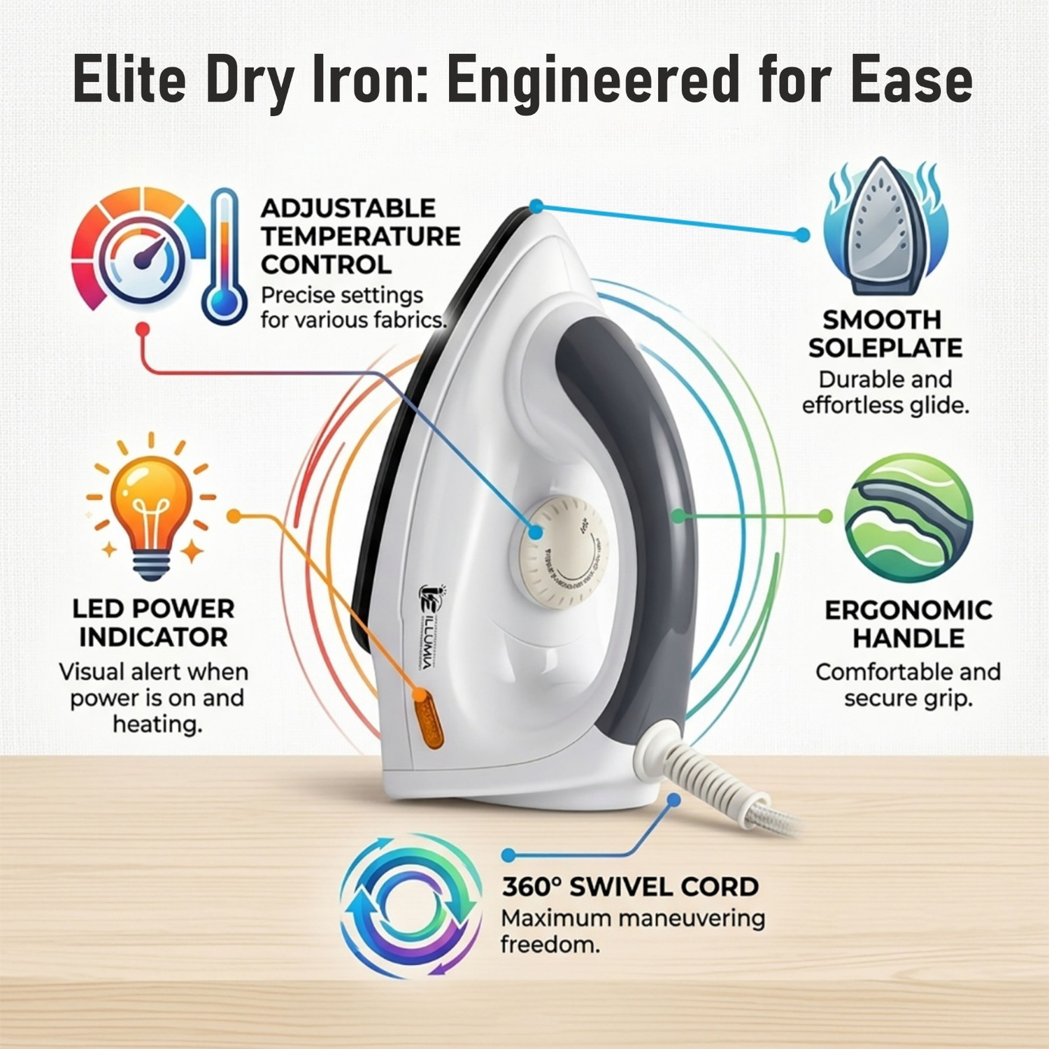 Image of ELECTRICALS ILLUMIA Elite Teflon Coated Soleplate Adjustable Temperature Control 1000 W Dry Iron