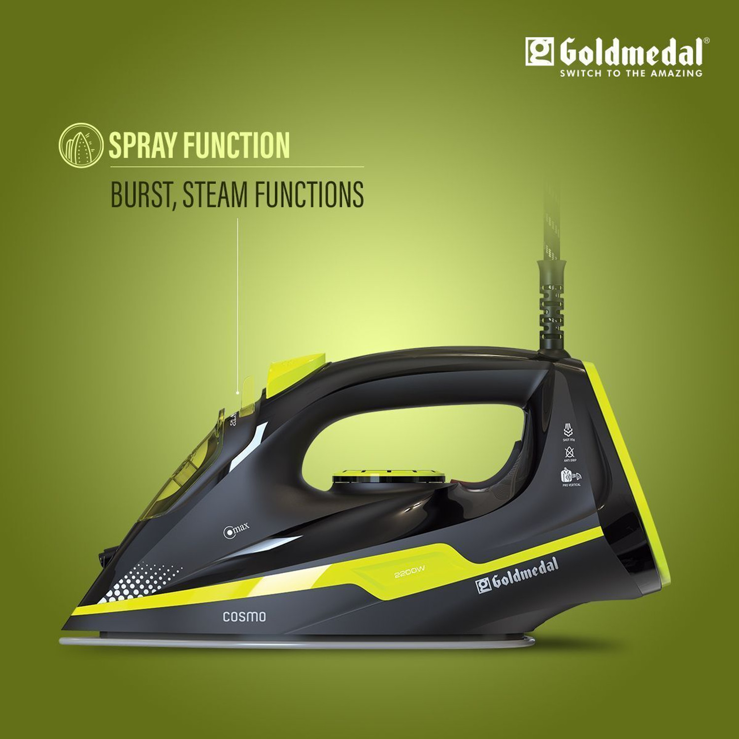 Image of Goldmedal Cosmo 2200 W Steam Iron (Green & Black)