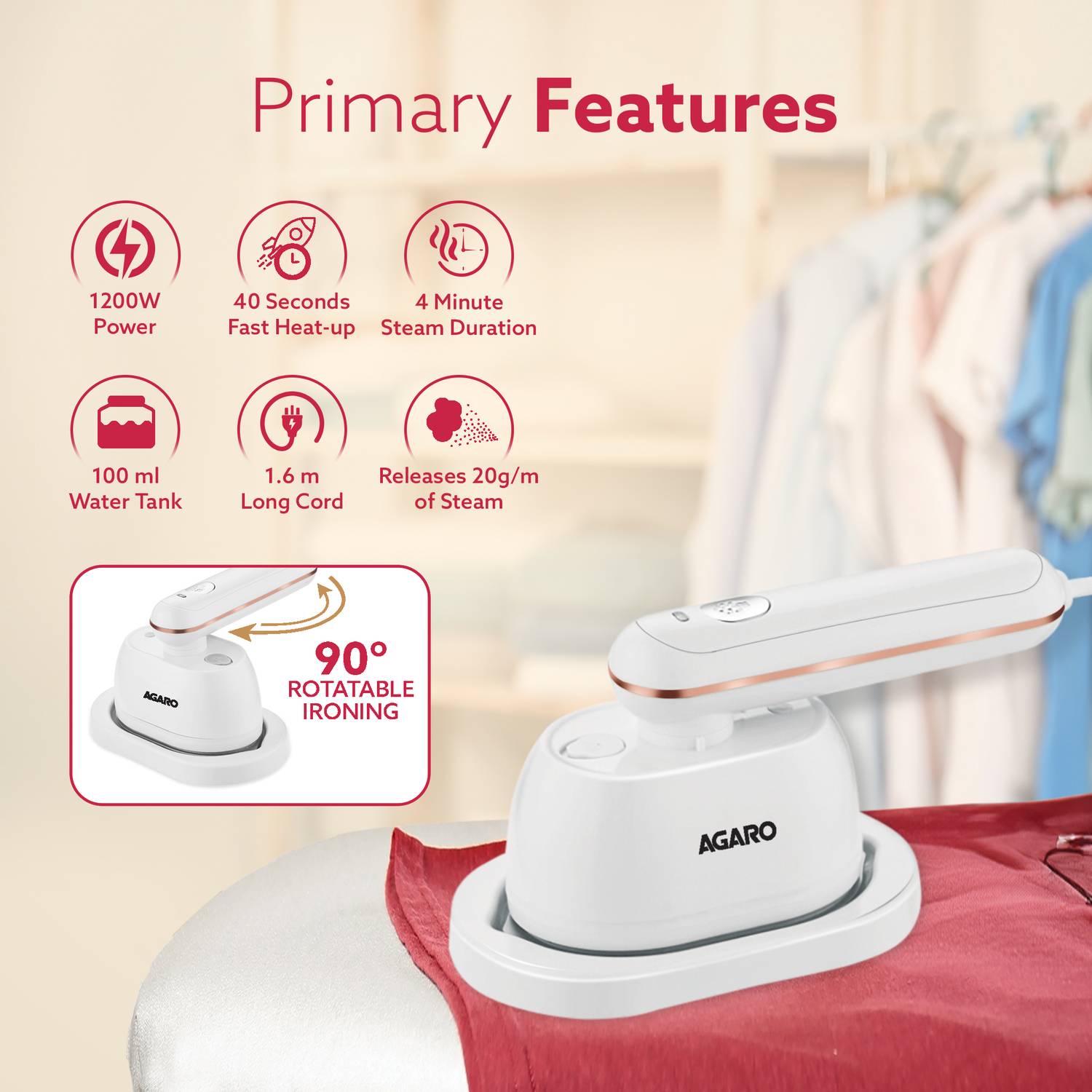 AGARO Regal Mini Garment Steamer 1200W - Image 2