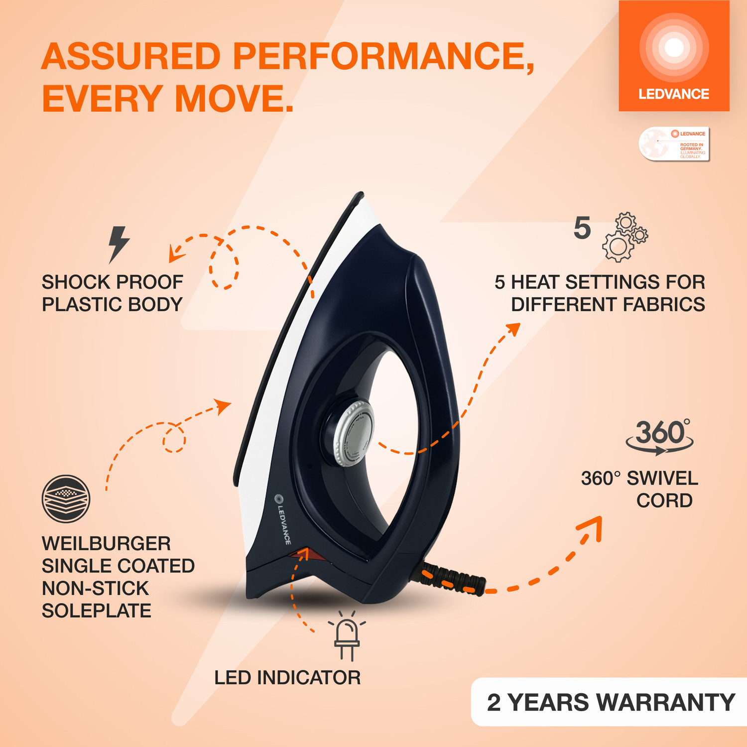 Image of ledvance Crease Master Pro 1000 Watt | Dry Iron for Clothes | Over Heat Protection | 1000 W Dry Iron