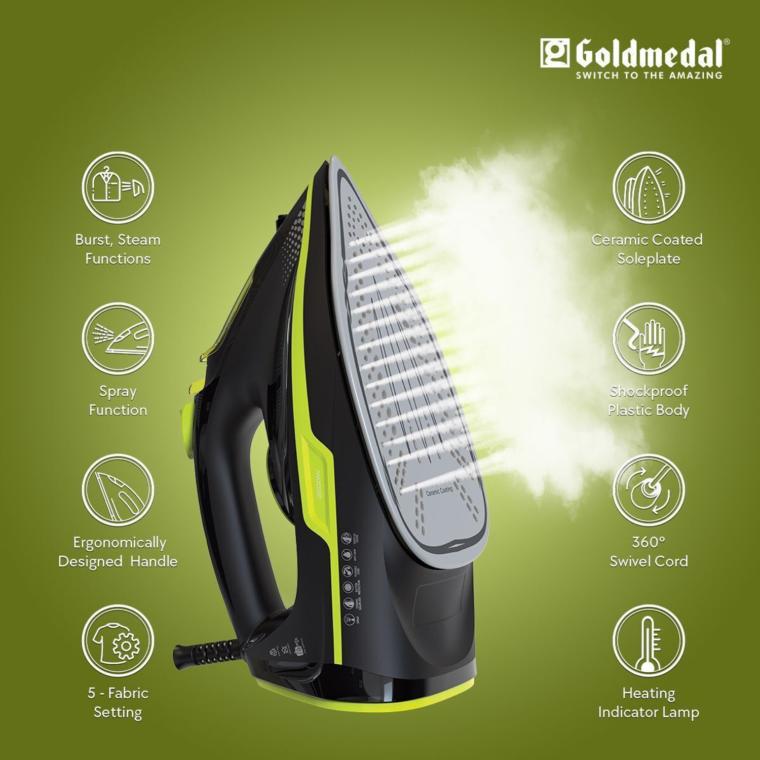 Image of Goldmedal Cosmo 2200 W Steam Iron (Green & Black)