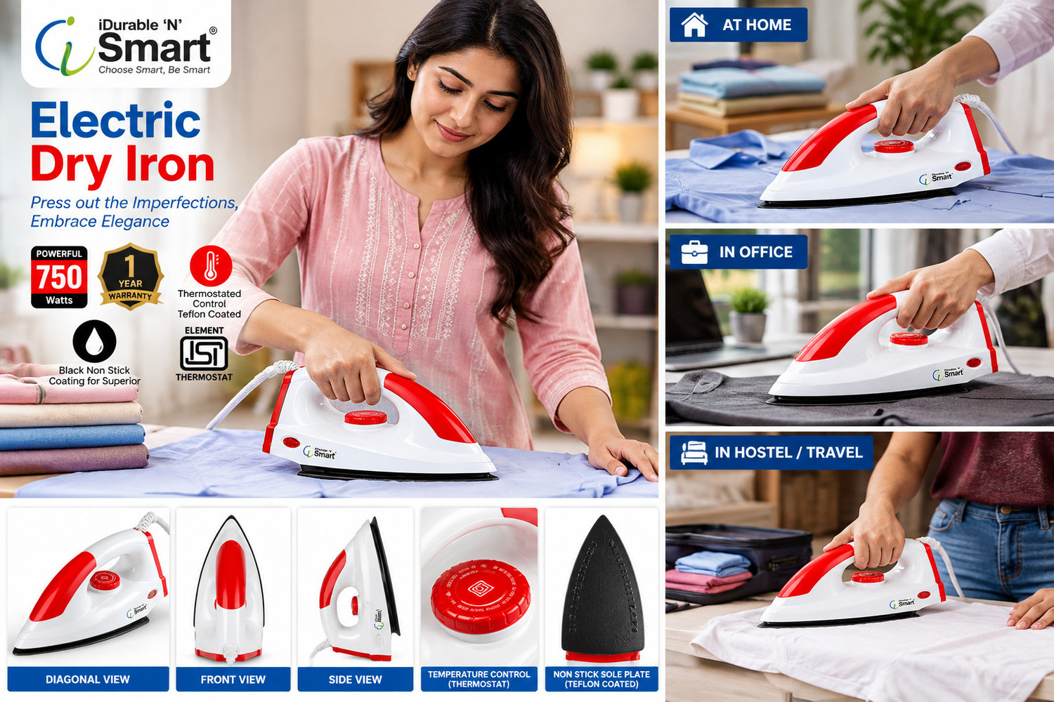 Image of iDurable 'N' Smart Vespa-Code-60 750 W Dry Iron (Red)