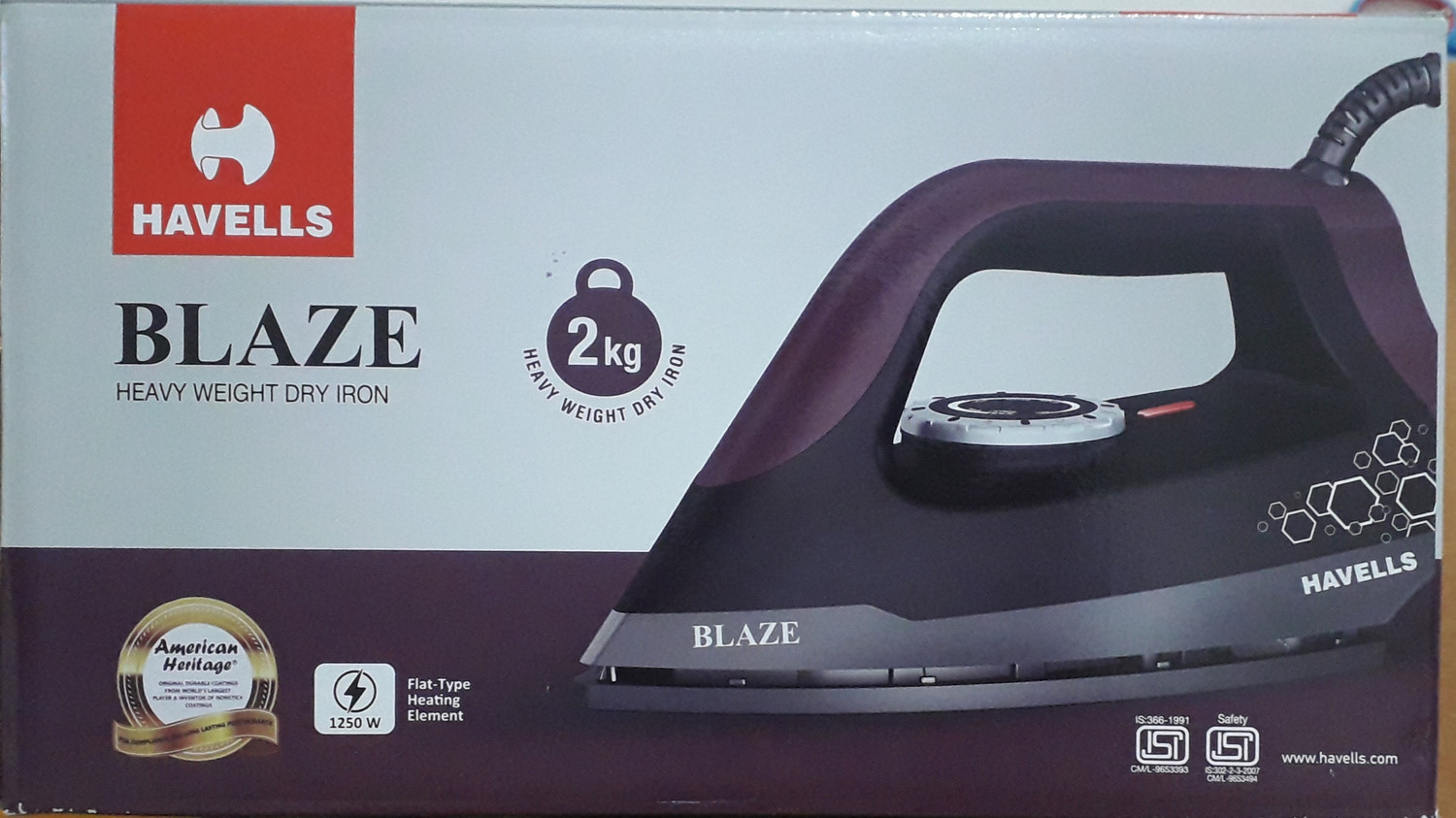 Image of HAVELLS by HAVELLS BLAZE HEAVY WEIGHT FLAT-TYPE HEATINGH ELEMENT , AERODYNAMIC DESIGN 1250 W Dry Iron