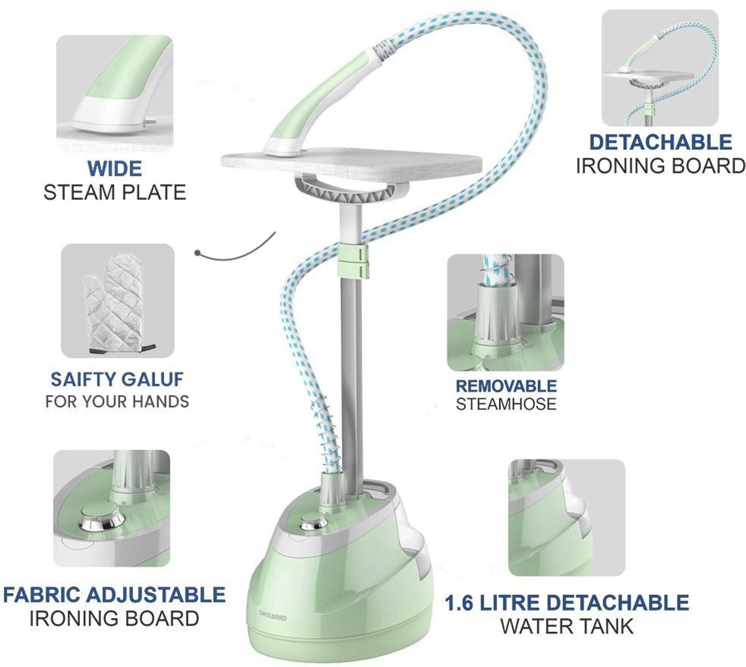 Image of swissboro Wego Garment Steamer 1.6L Water Tank | 8 Steam Settings 2000W Powerful 35g /min 2000 W Garment Steamer