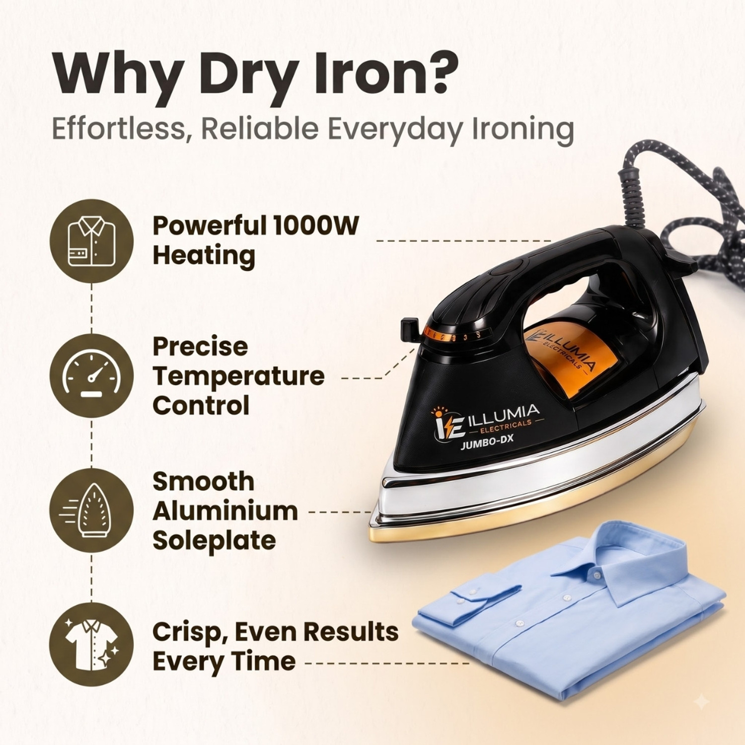 Image of ELECTRICALS ILLUMIA JUMBO-DX Plancha Heavy Weight Soleplate with double coating 1000 W Dry Iron