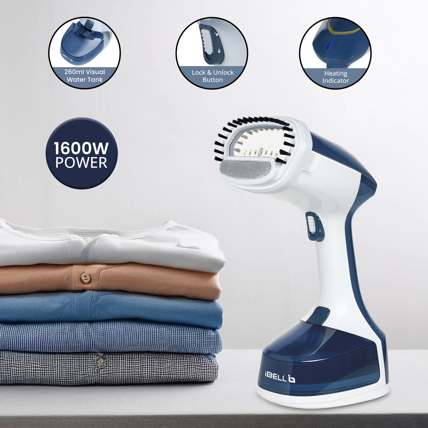 Image of iBELL Garment Steamer for Clothes, Handheld Portable Steam Iron, Fast Heat, 260ml Tank 1600 W Garment Steamer