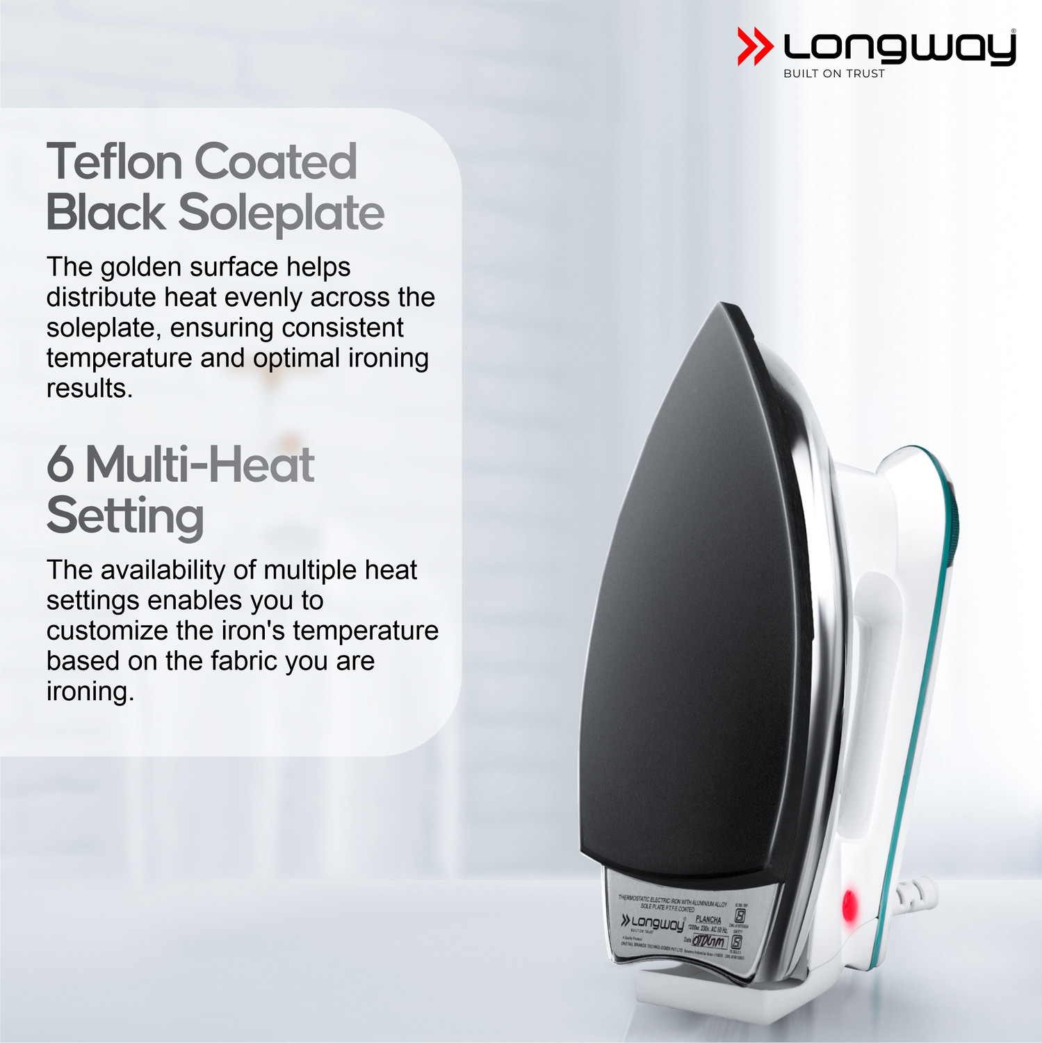 Image of Longway Plancha Heavy Weight Non-Stick Teflon Coated 1200 W Dry Iron