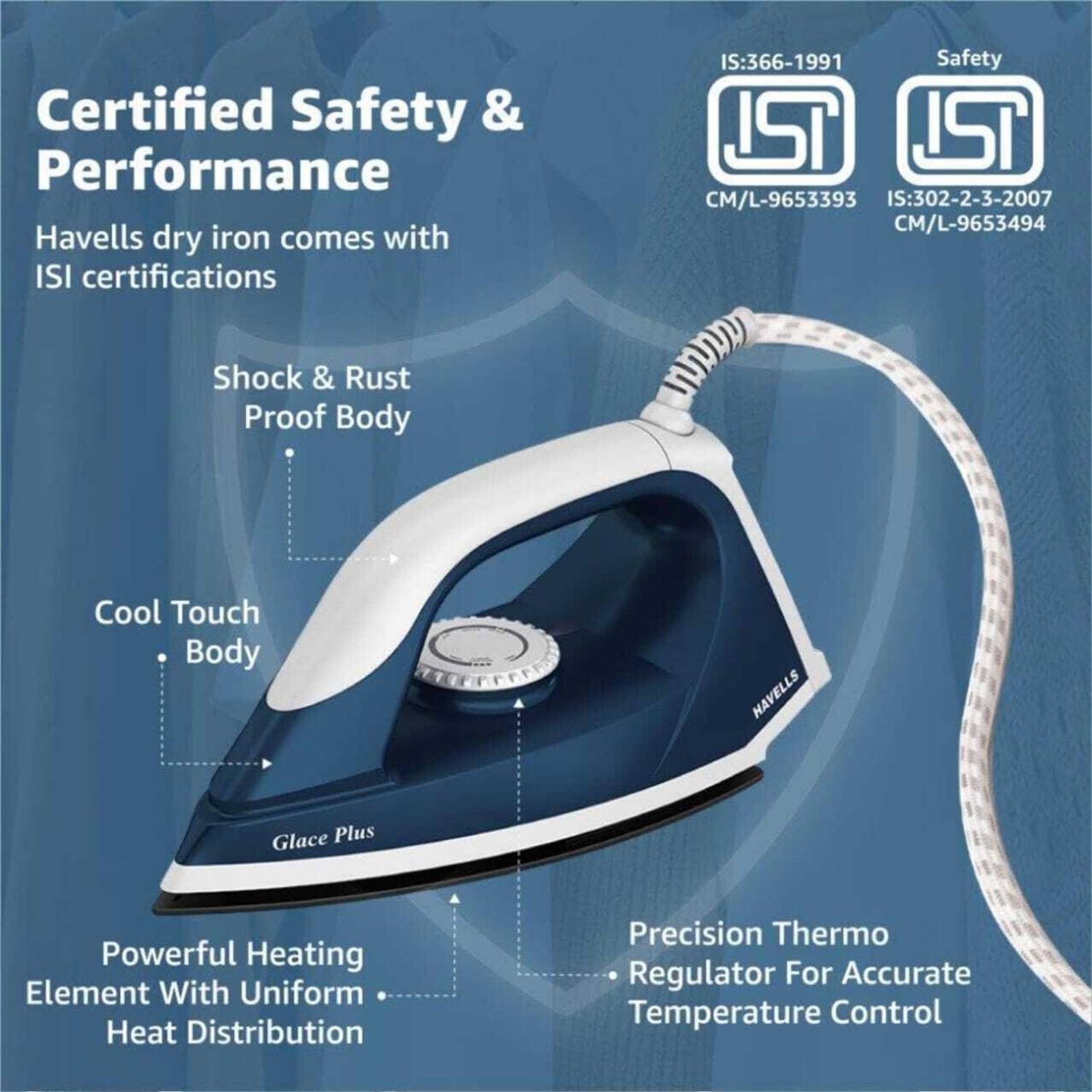 HAVELLS Glace Plus 1000 W Dry Iron (Blue)