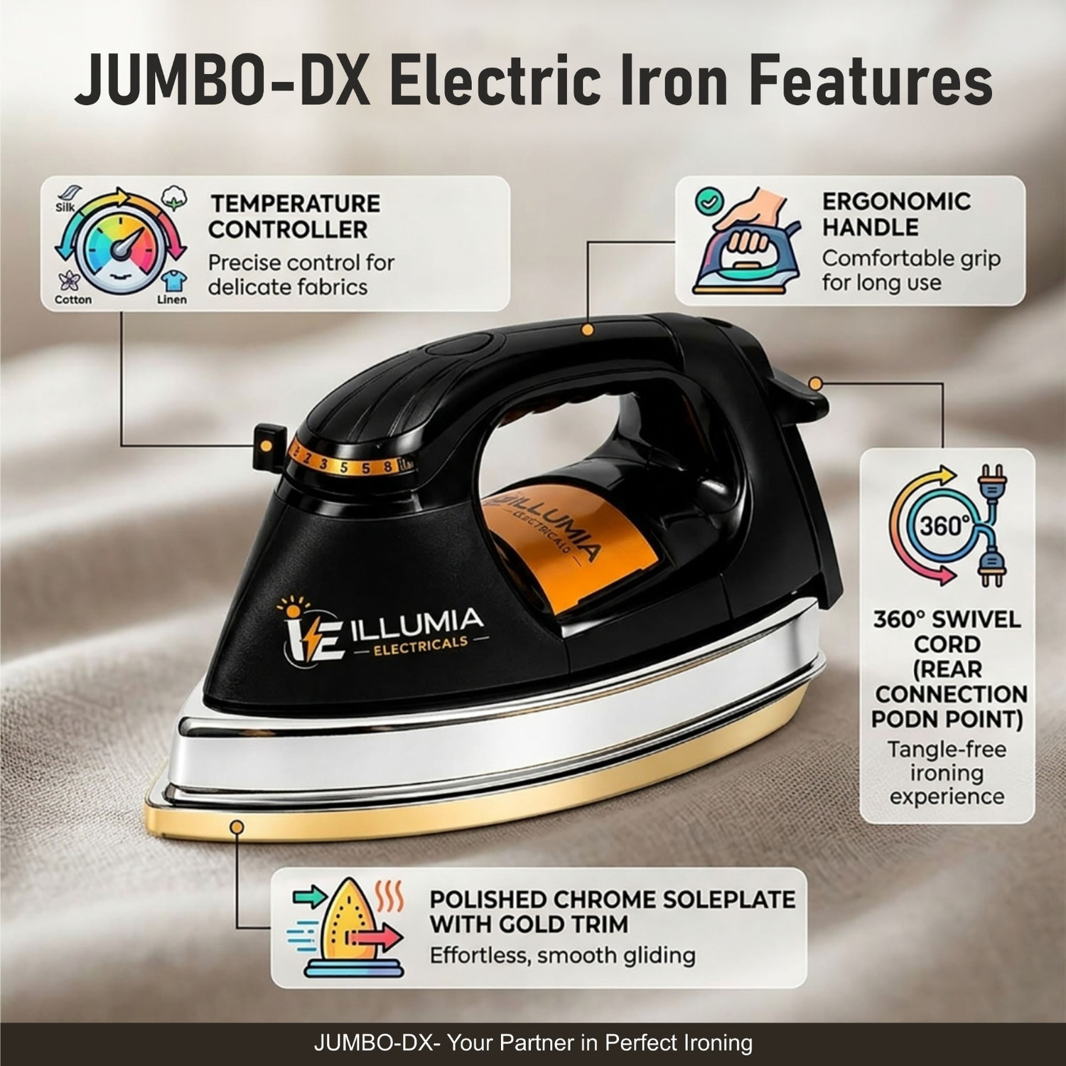 Image of ELECTRICALS ILLUMIA JUMBO-DX Plancha Heavy Weight Soleplate with double coating 1000 W Dry Iron