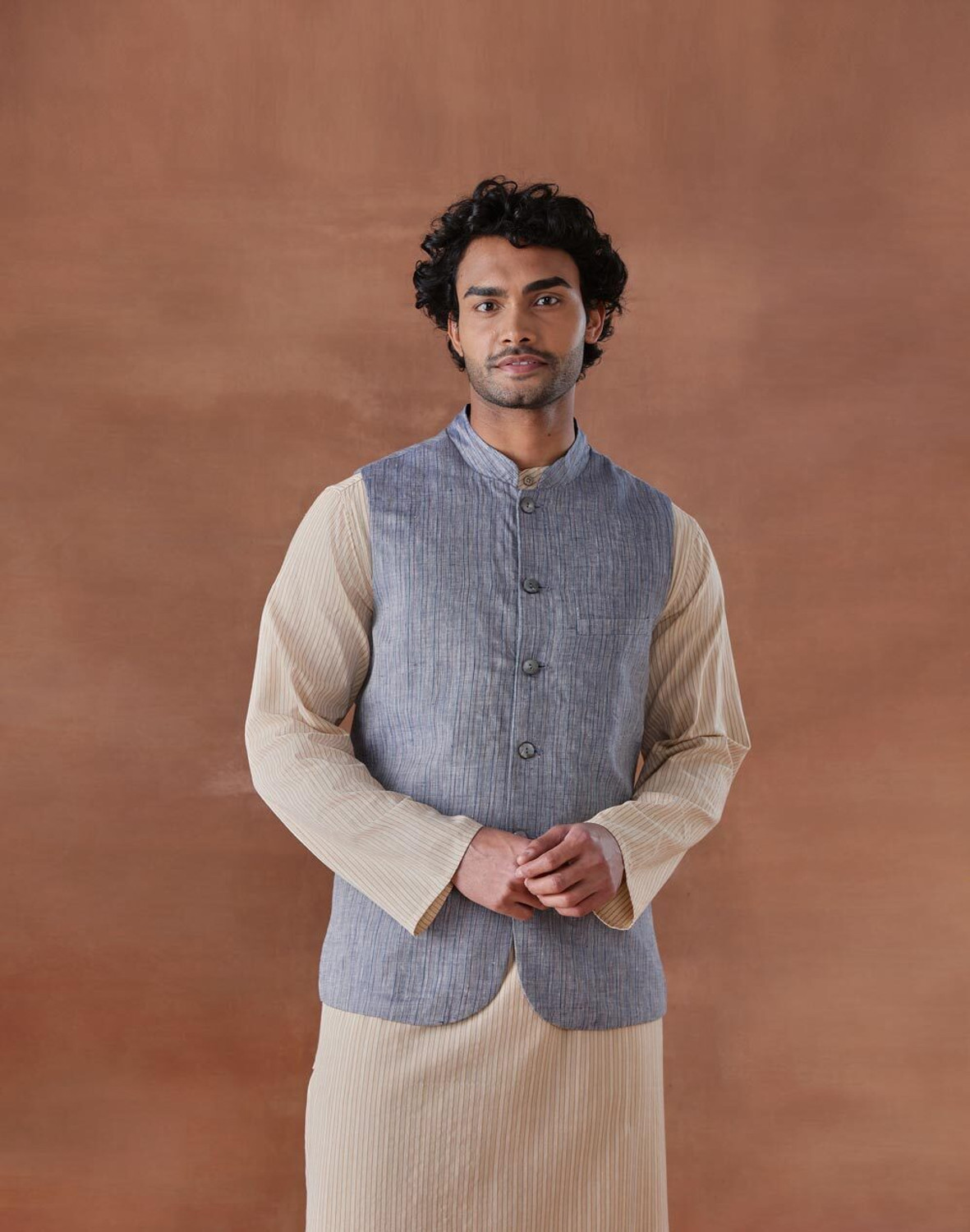 Image of Fabindia Sleeveless Striped Men Jacket