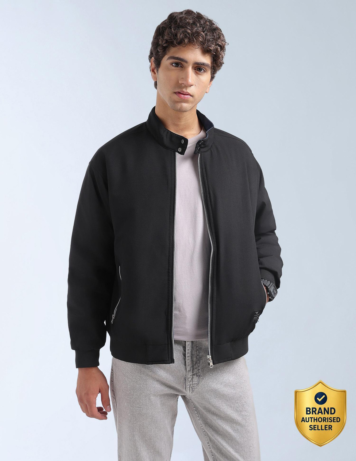 Image of FLYING MACHINE Men Solid Bomber Jacket