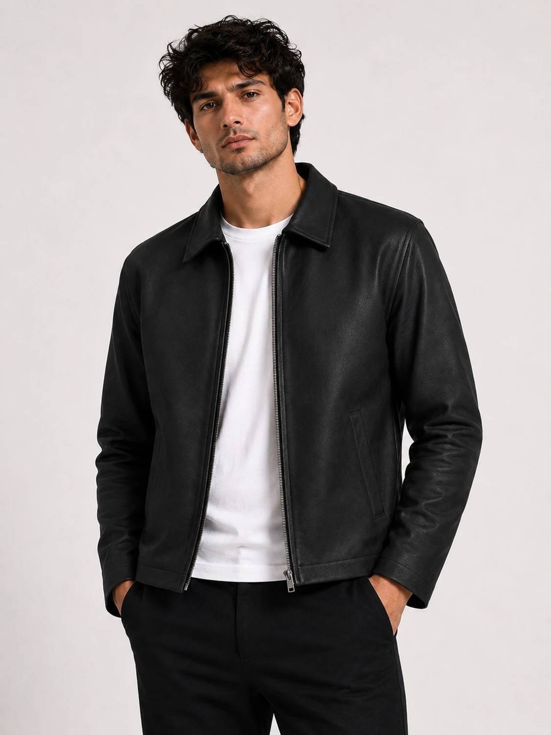 Men Solid Leather Jacket - Image 1