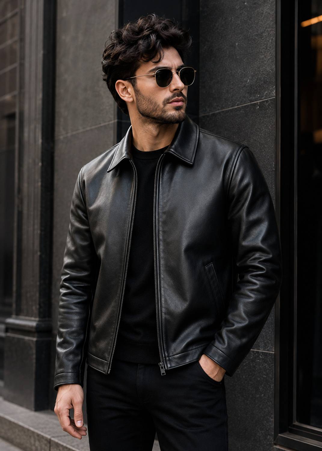 Men Solid Leather Jacket - Image 1