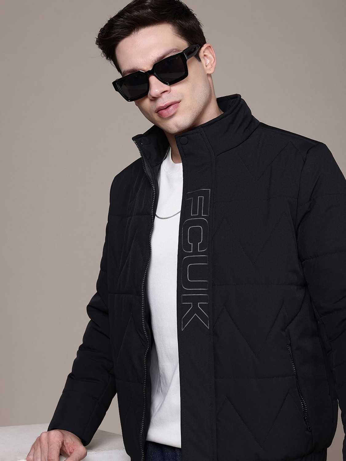 Image of FCUK Full Sleeve Solid Men Puffer Jacket