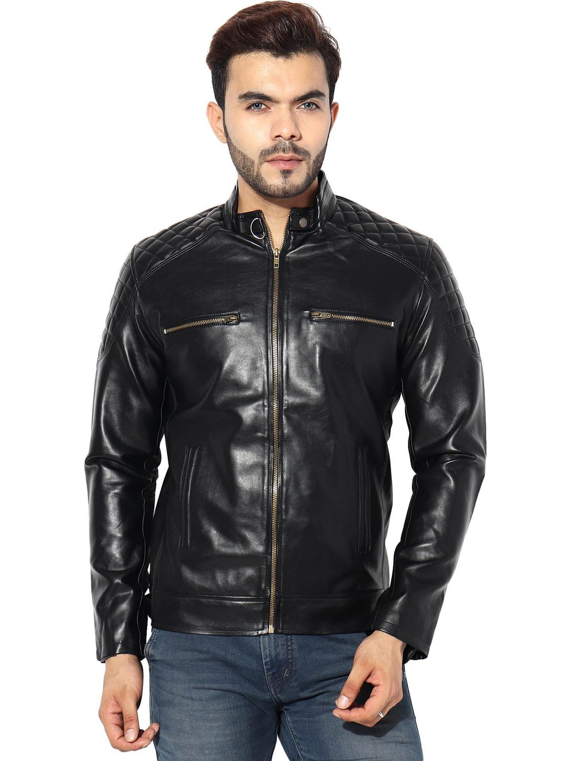 Image of Garmadian Men Solid Leather Jacket
