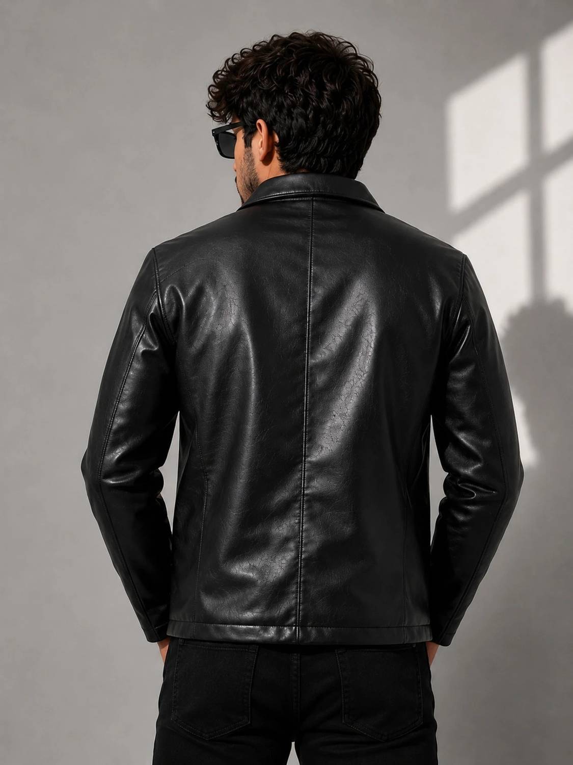 Men Solid Leather Jacket - Image 2