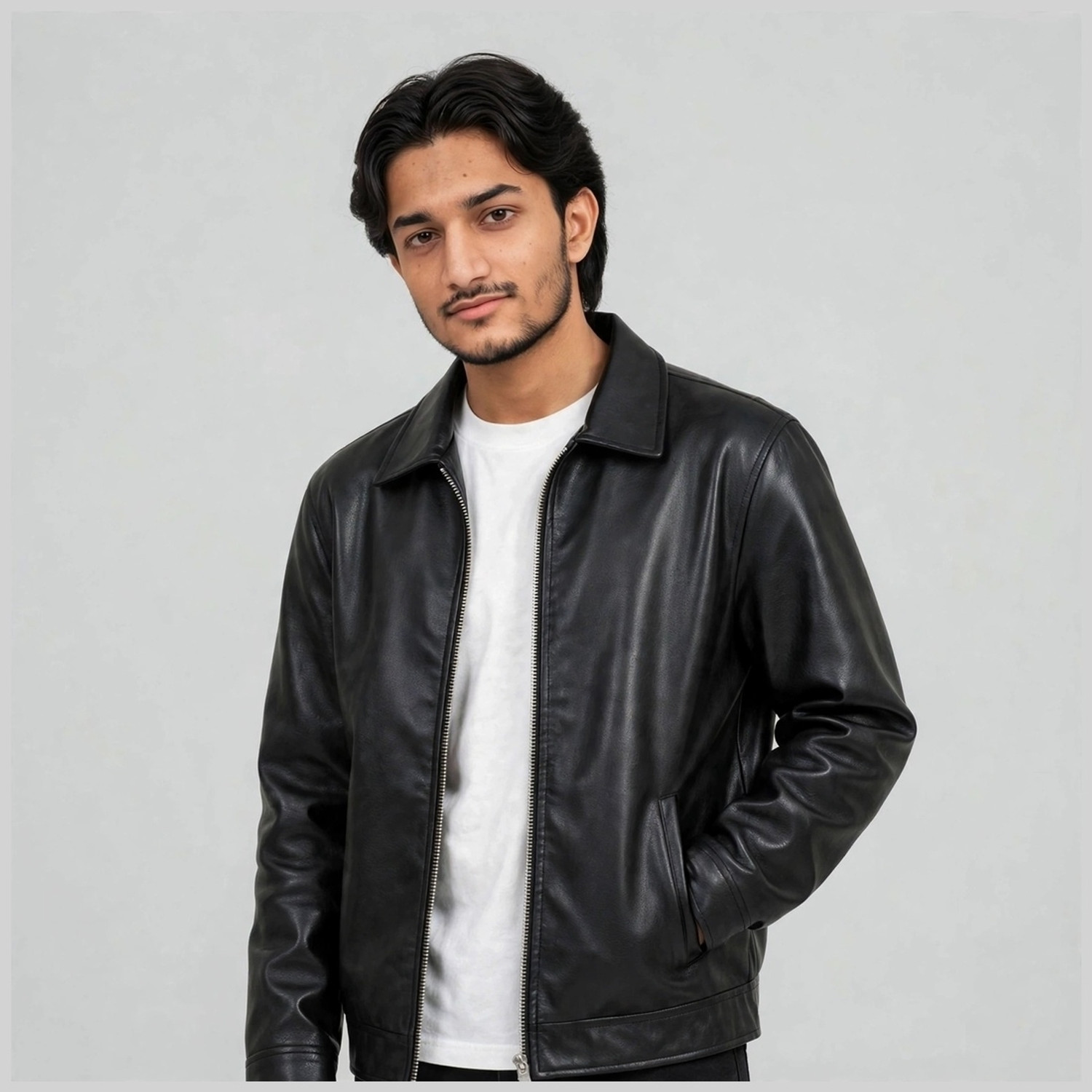 Image of exvon Men Solid Leather Jacket