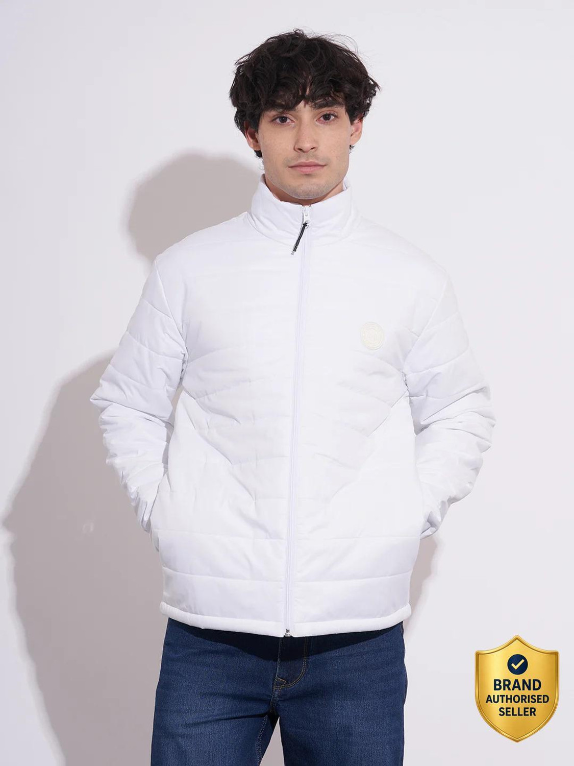Image of BEING HUMAN White Regular Fit Men's Jacket by Being Human Clothing Men Solid Puffer Jacket