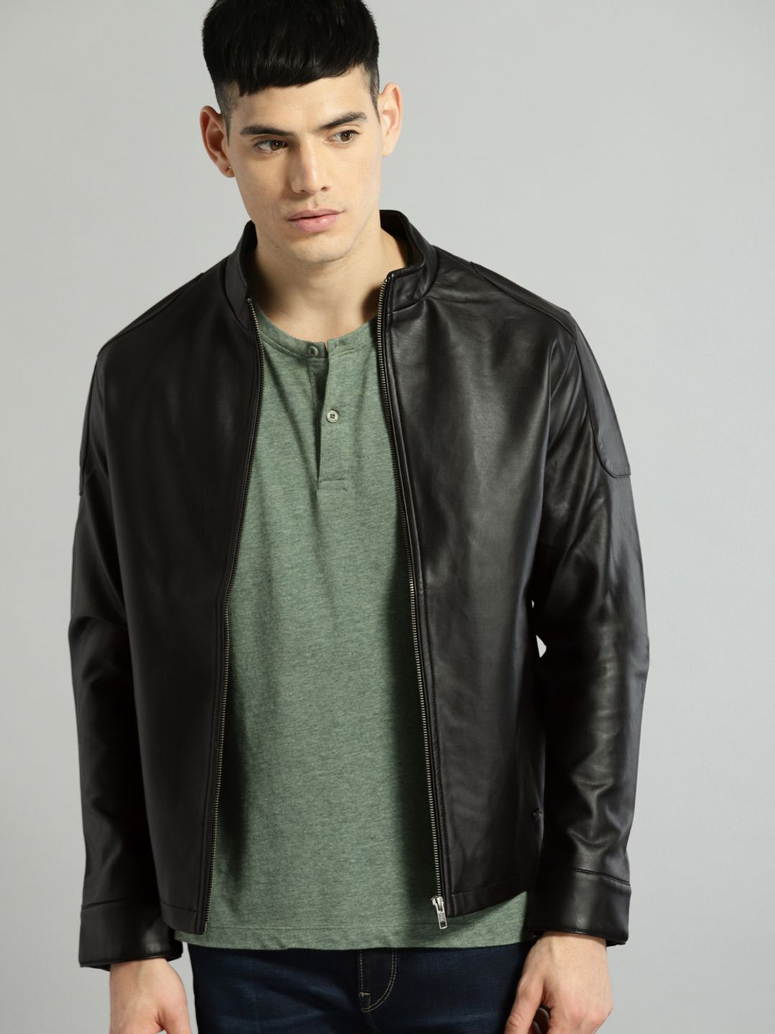 Roadster Full Sleeve Solid Men Leather  Jacket