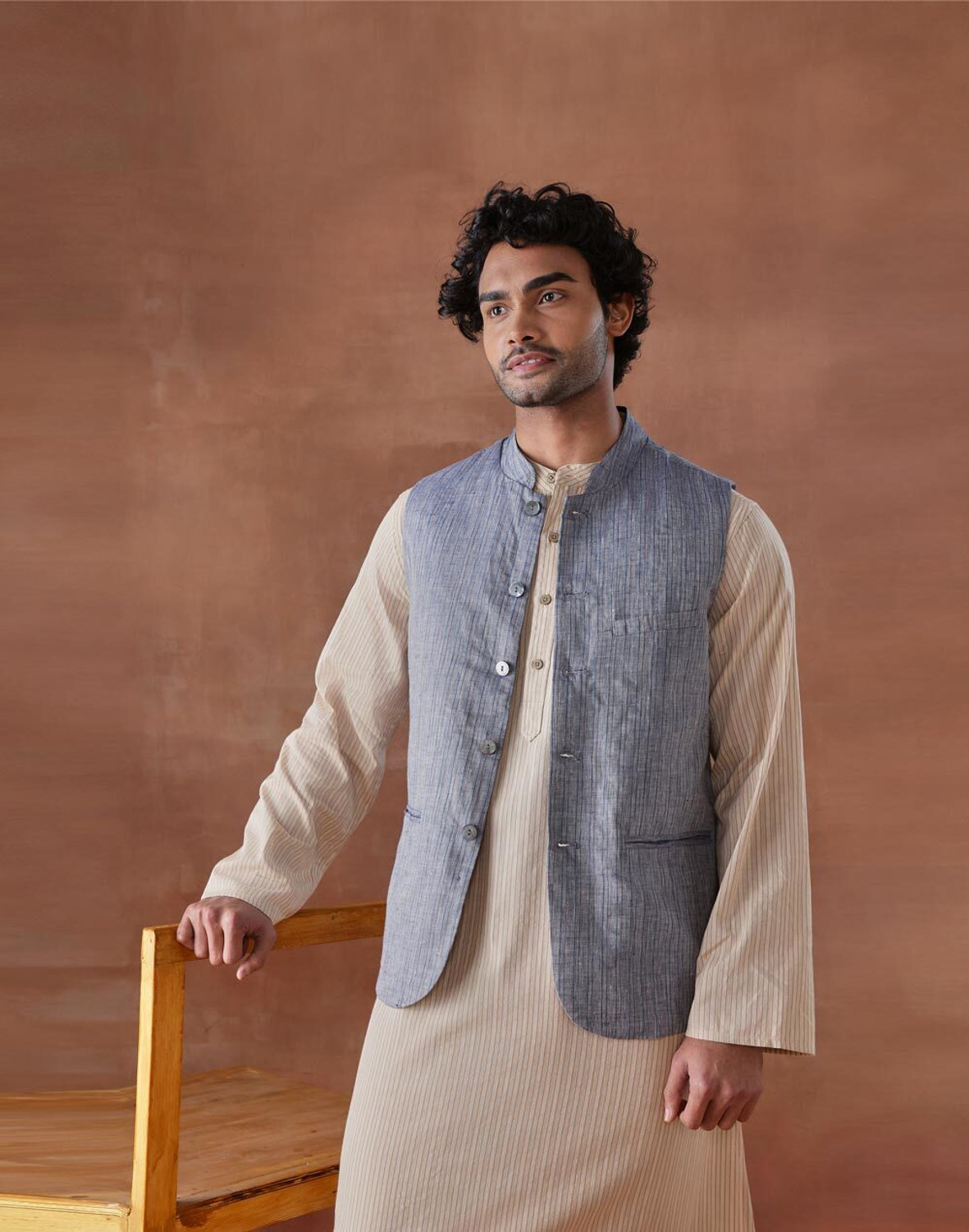 Image of Fabindia Sleeveless Striped Men Jacket