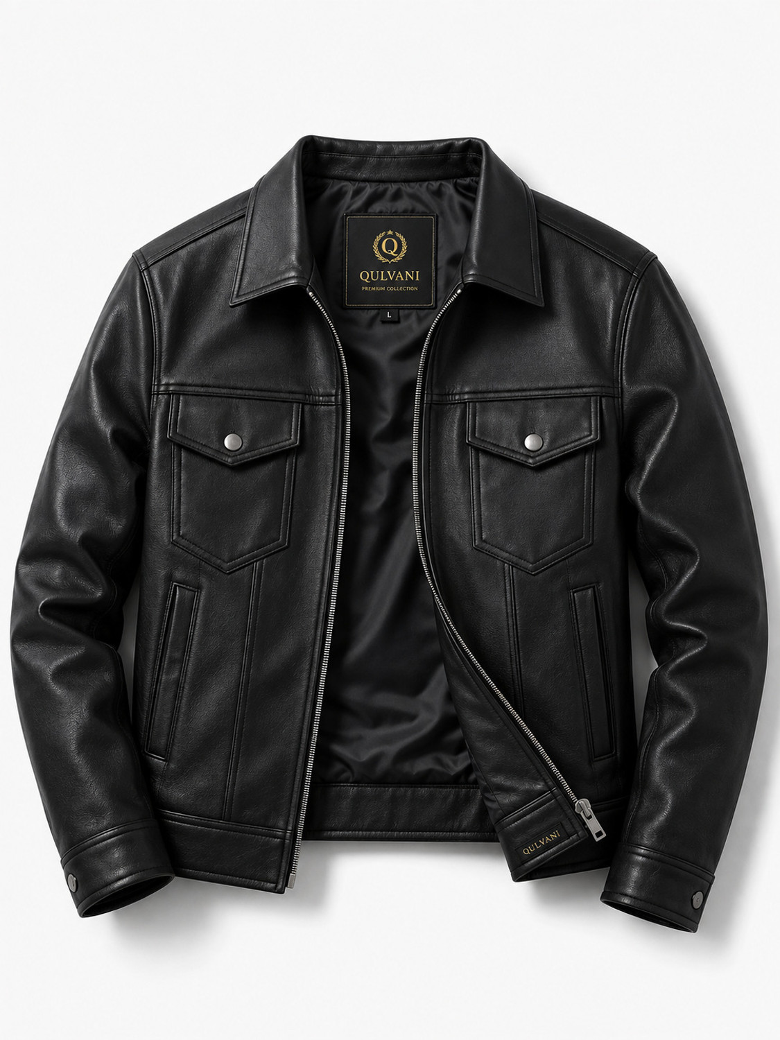 Image of Qulvani Men Solid Leather Jacket