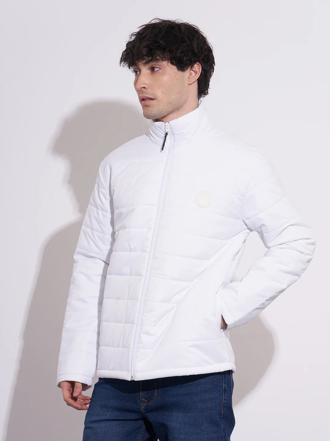 Image of BEING HUMAN White Regular Fit Men's Jacket by Being Human Clothing Men Solid Puffer Jacket