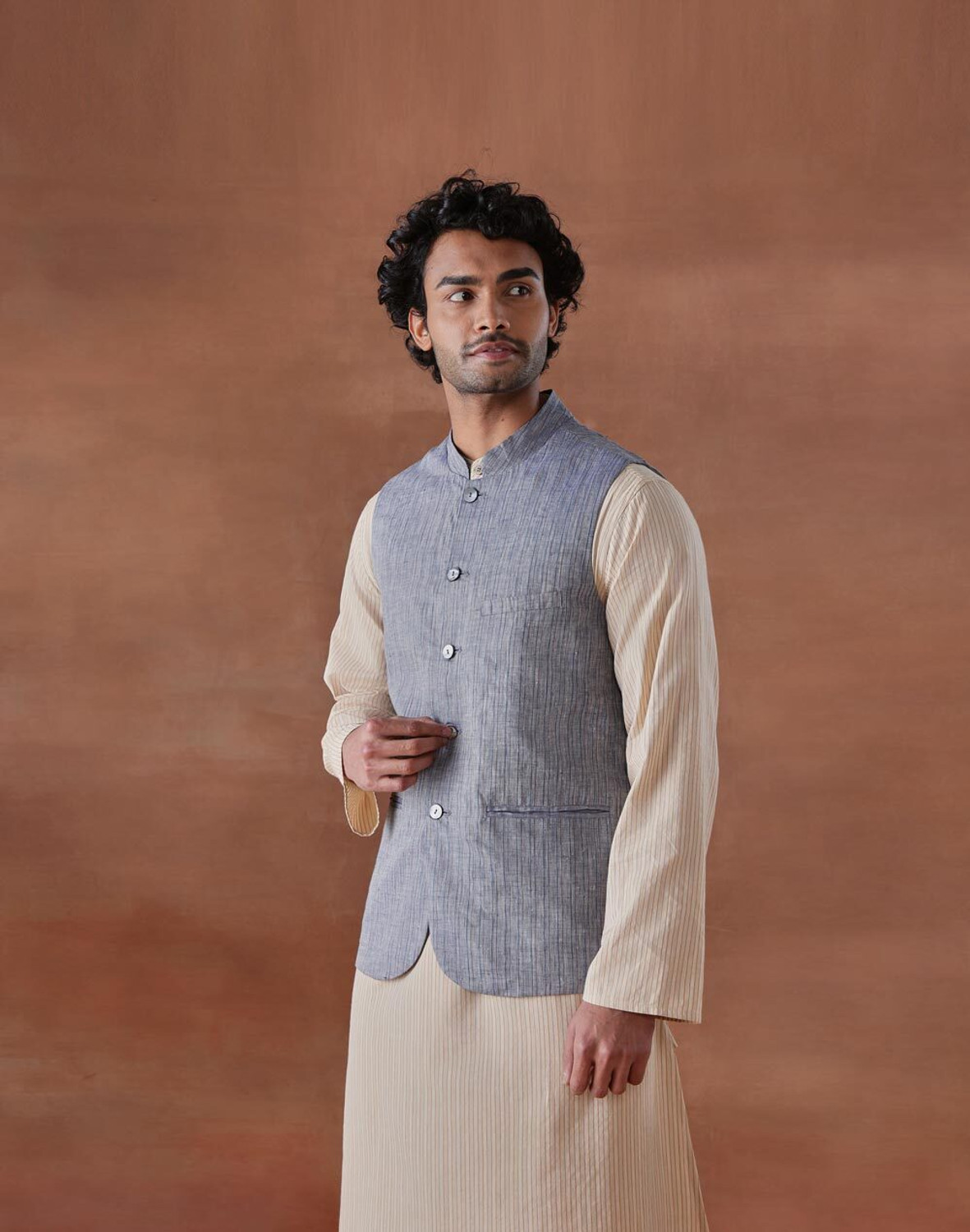 Image of Fabindia Sleeveless Striped Men Jacket