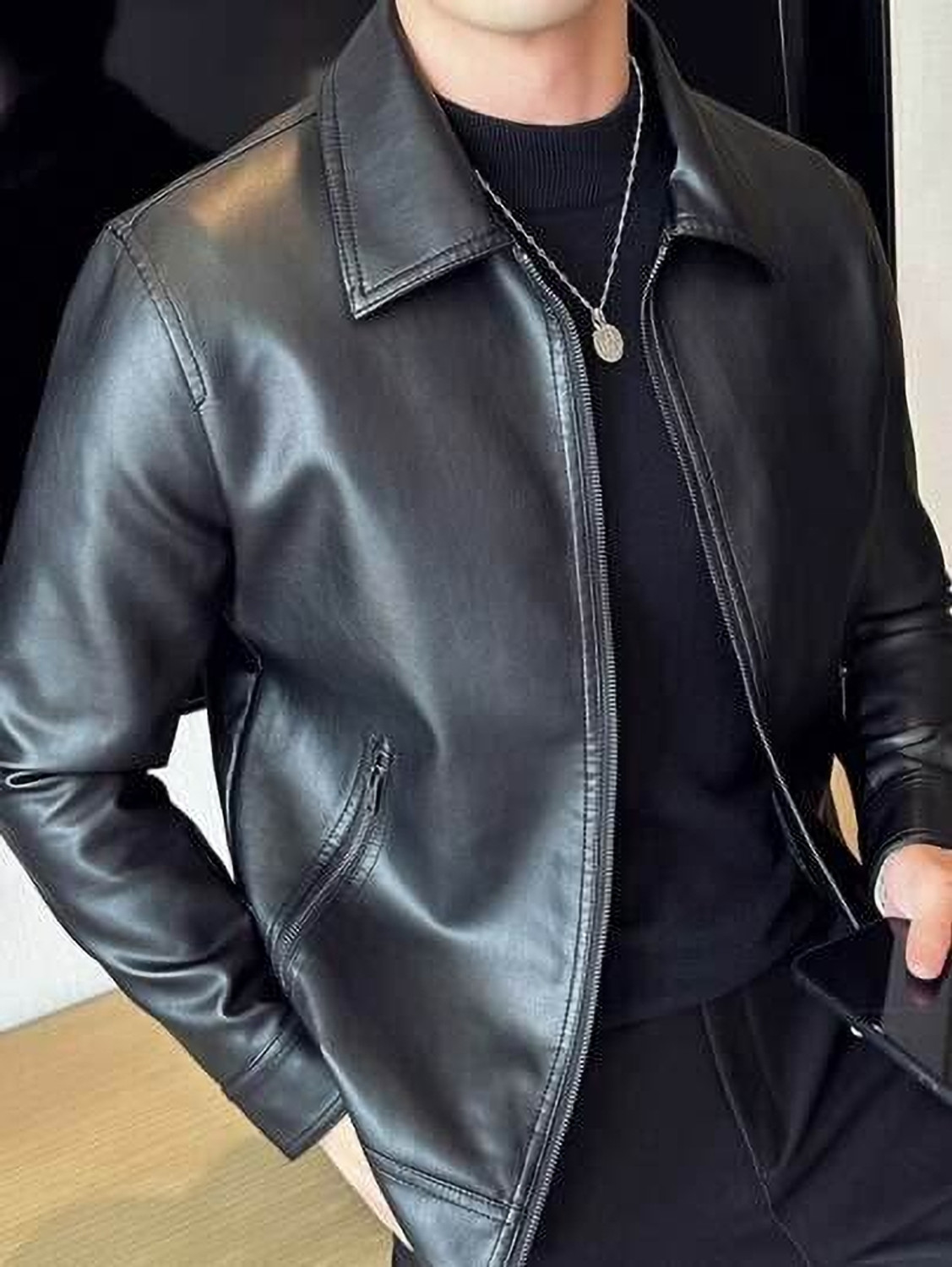 Image of Royal embassy Men Solid Leather Jacket