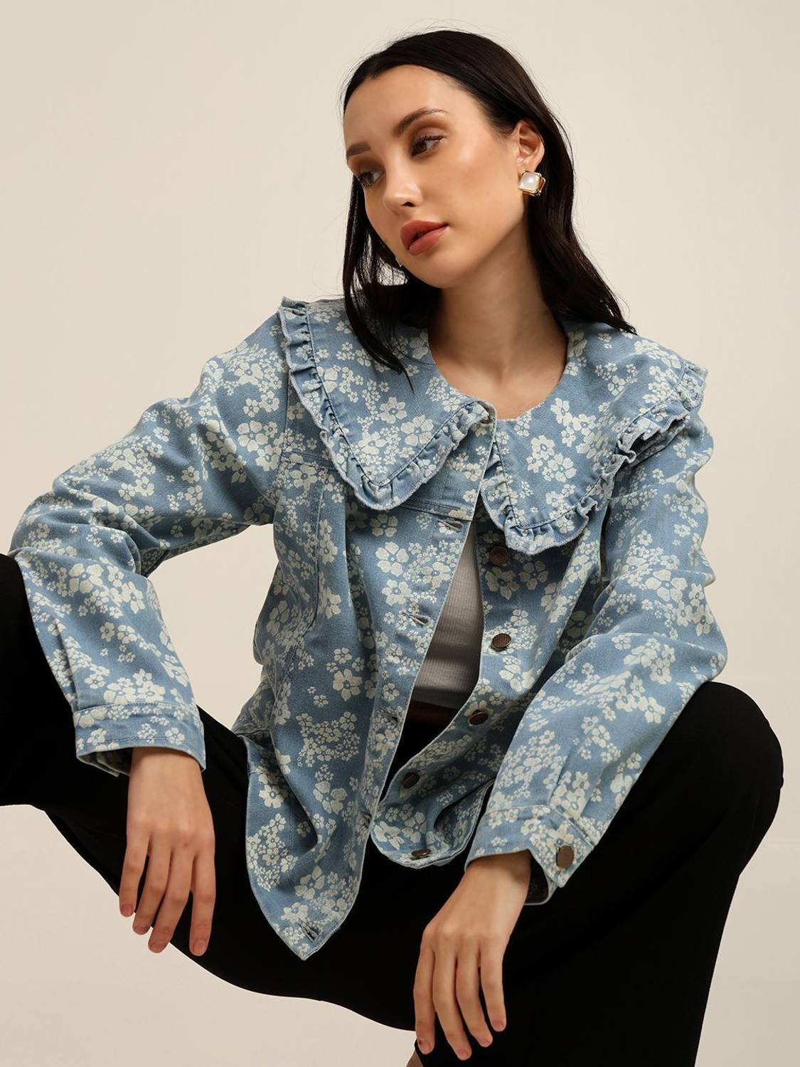 7OUNCE Full Sleeve Floral Print Women Denim Jacket