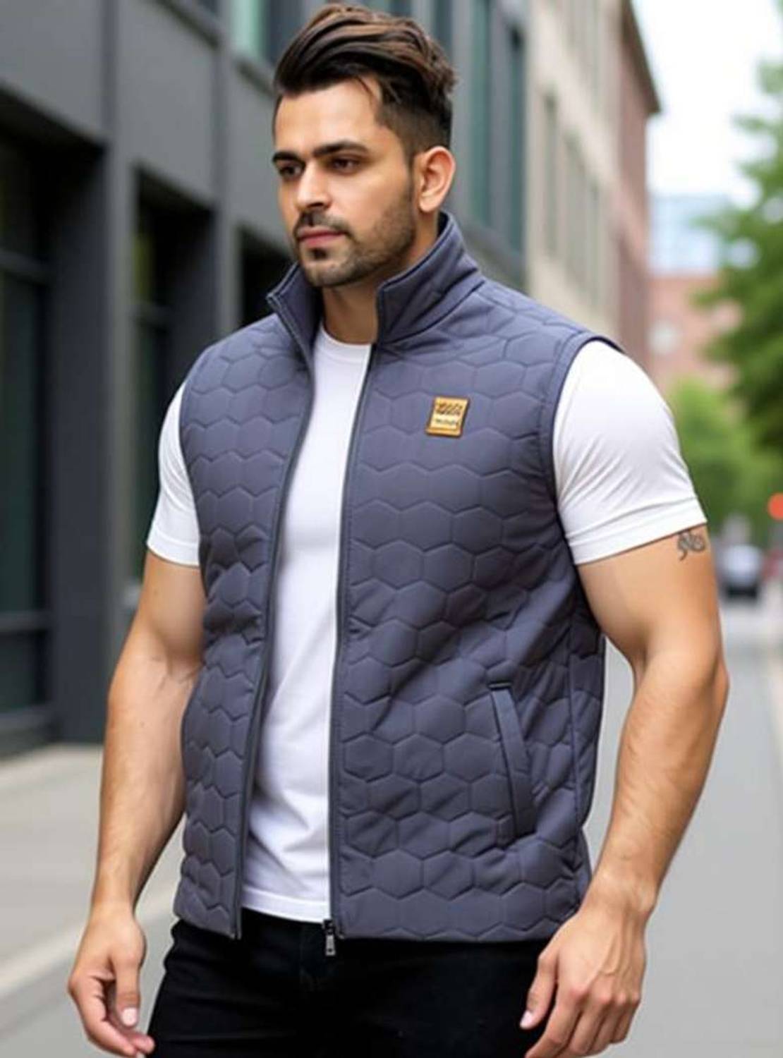 STYLOPLEX Men's Sleeveless Self Design Jacket - Image 1