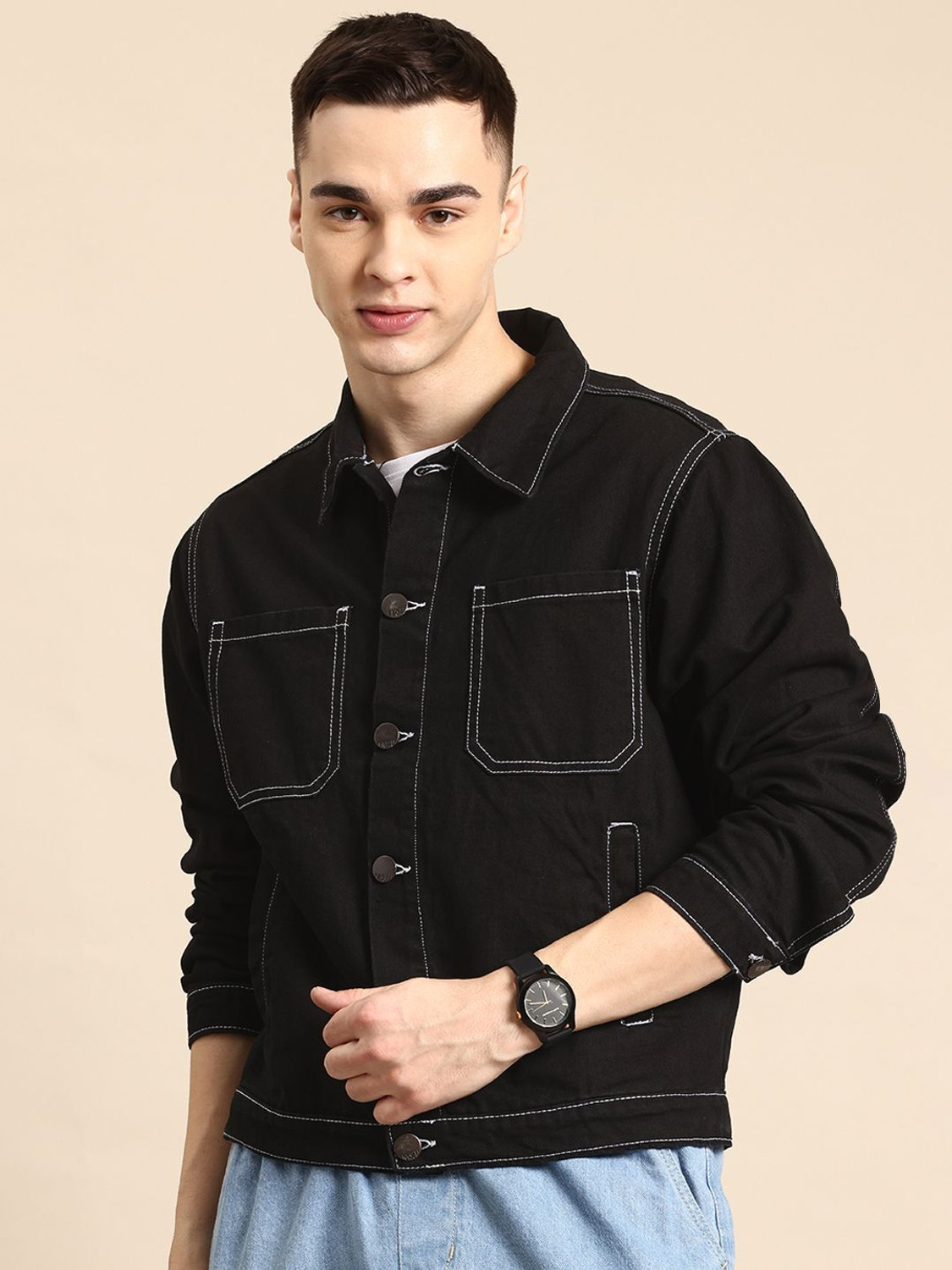Image of Mast & Harbour Full Sleeve Solid Men Denim Jacket